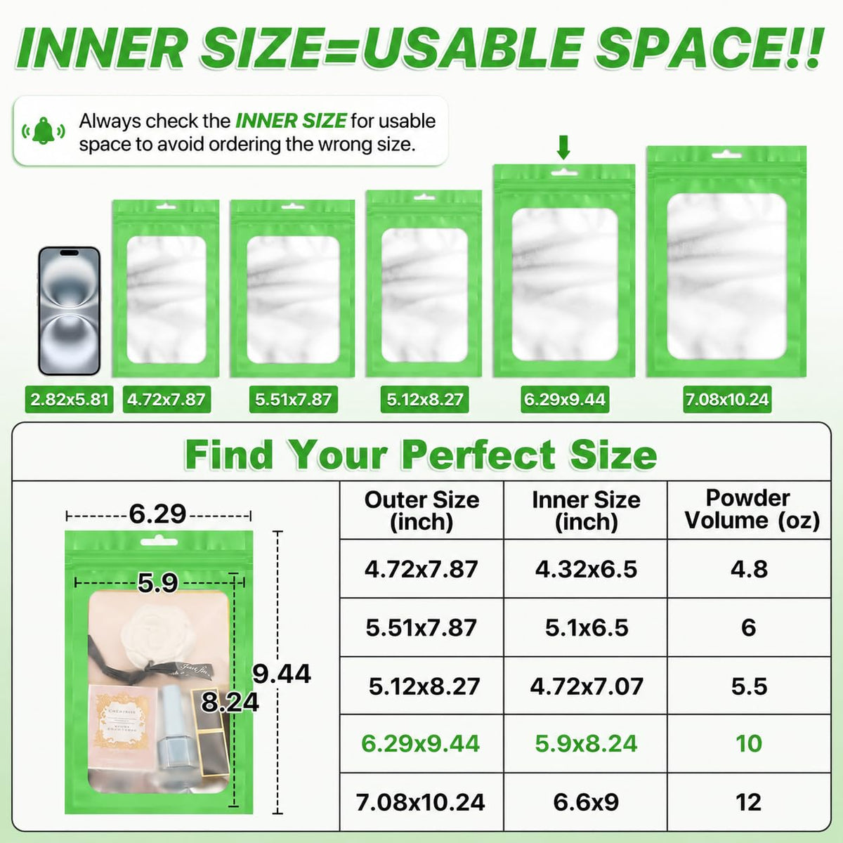 ANZNKU 100Pcs Green Mylar Bags, Resealable Smell Proof Zip Goodie Baggies