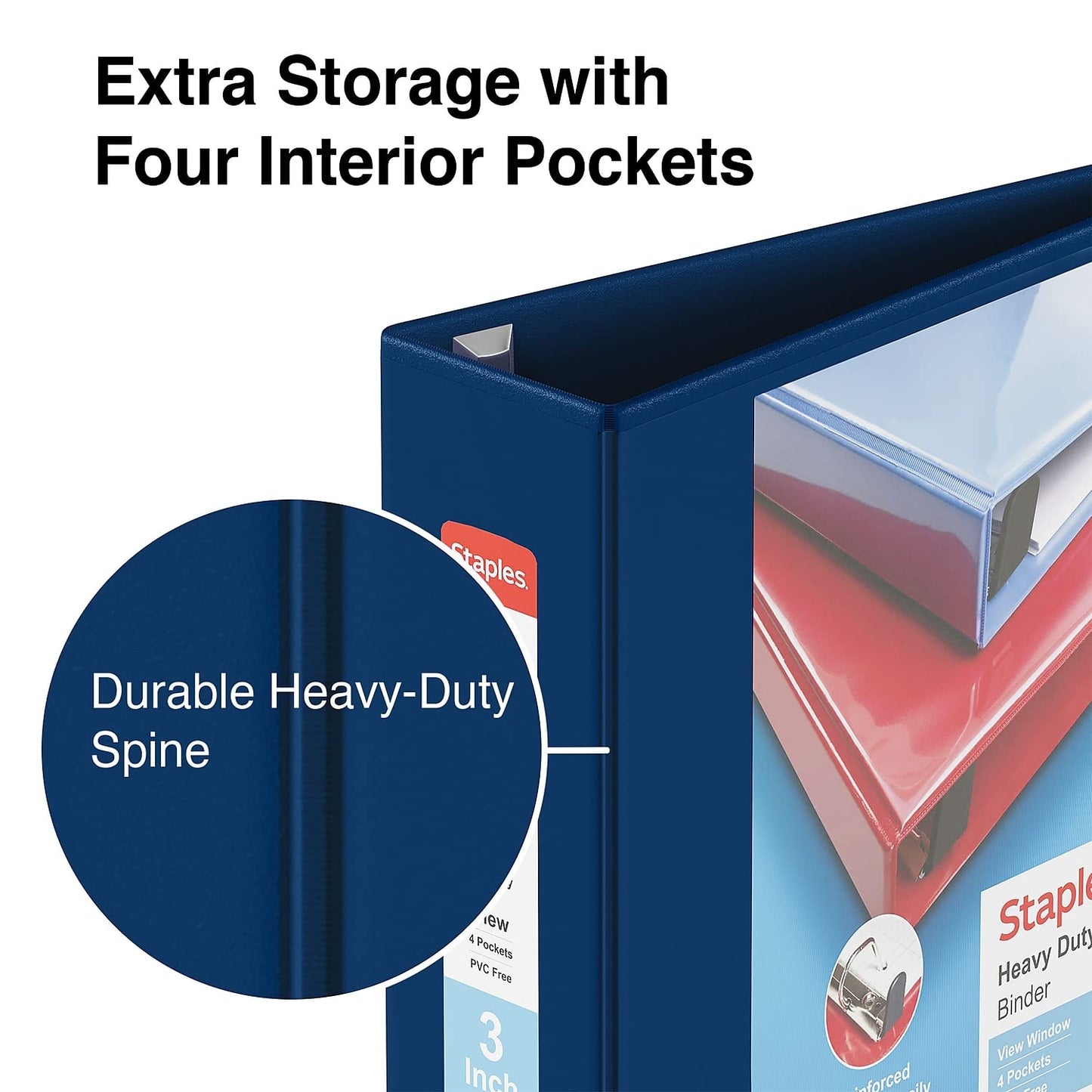 Staples Heavy-Duty 3-Inch 3-Ring View Binder, Navy Blue, 2-Pack