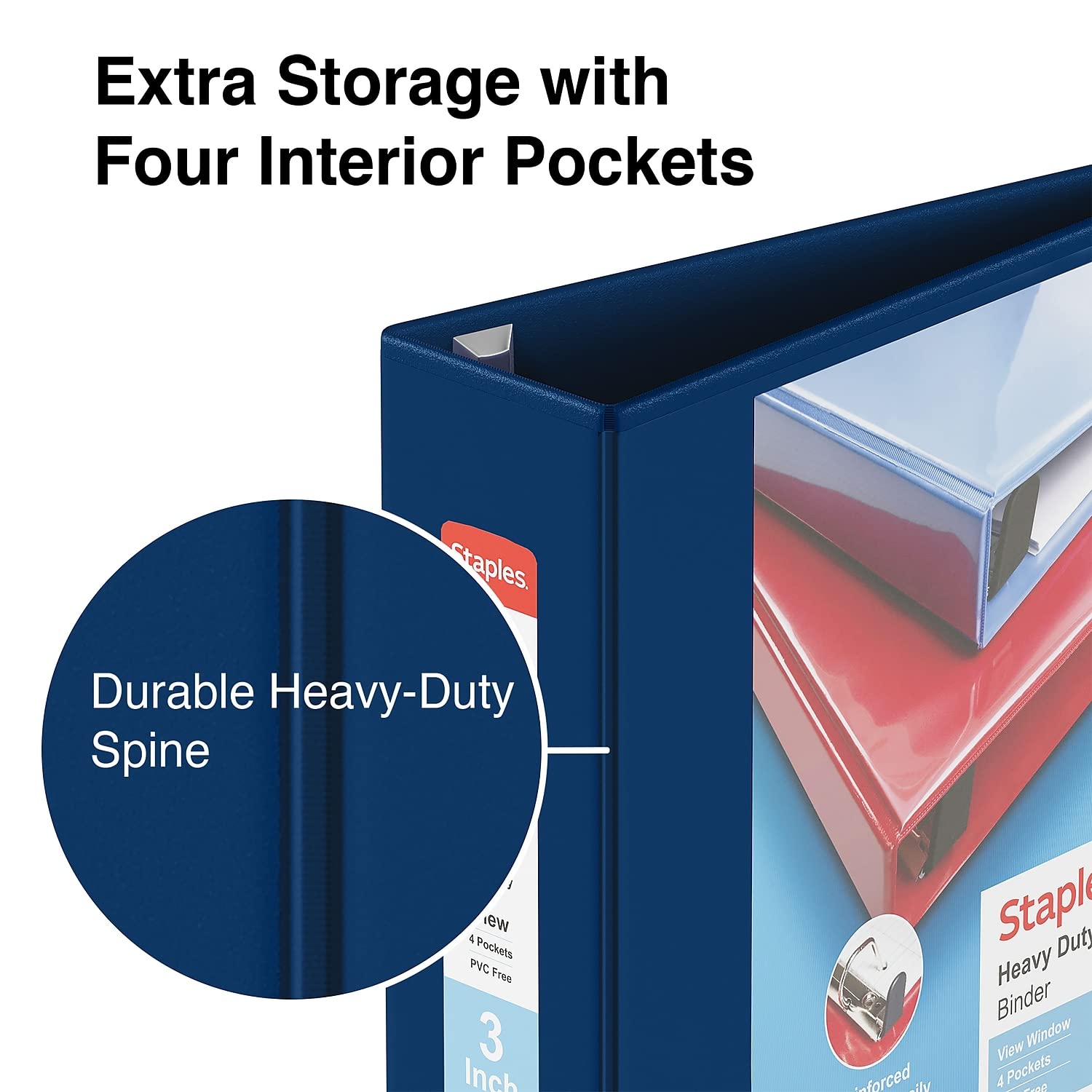 Staples Heavy-Duty 3-Inch 3-Ring View Binder, Navy Blue, 2-Pack