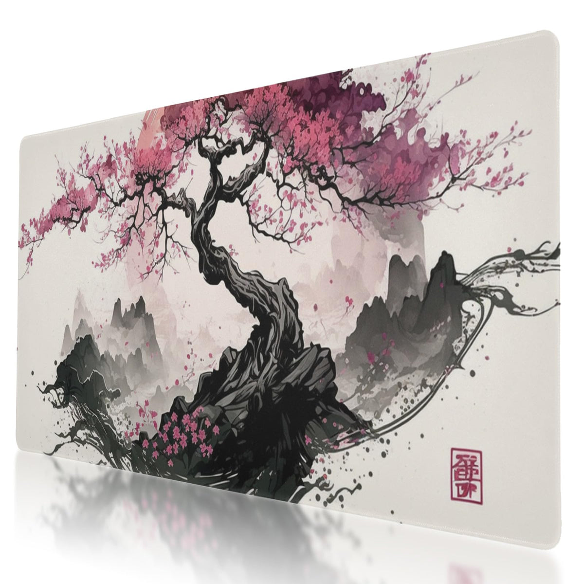 Japanese Art Style XL Mouse Pad - Non-Slip Mouse Pad Protector with Cherry Blossom Sakura Ink