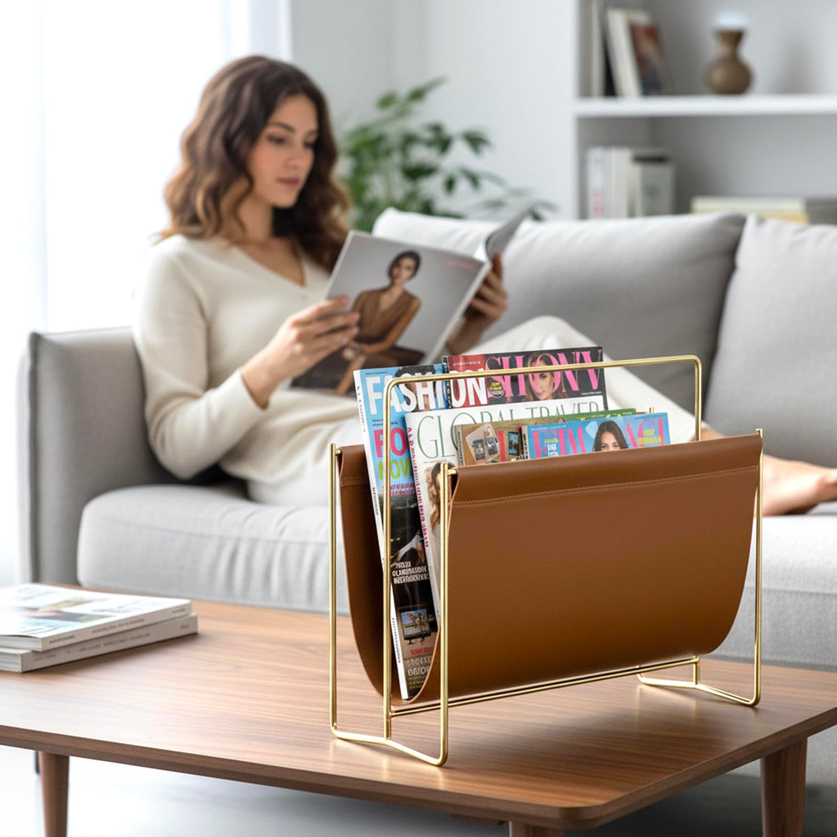 MyGift 15-Inch Magazine Holder Brown Leatherette Sling & Brass Plated Metal