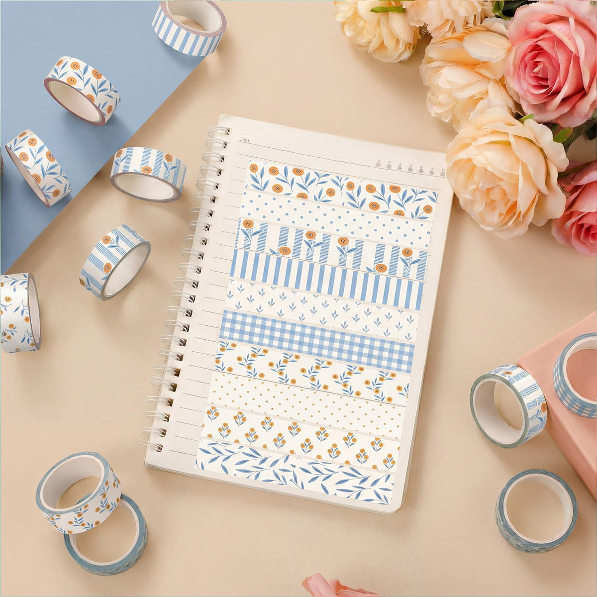 YooNotee 12 Rolls Floral Washi Tape Set,Beige and Blue,Floral Plaid