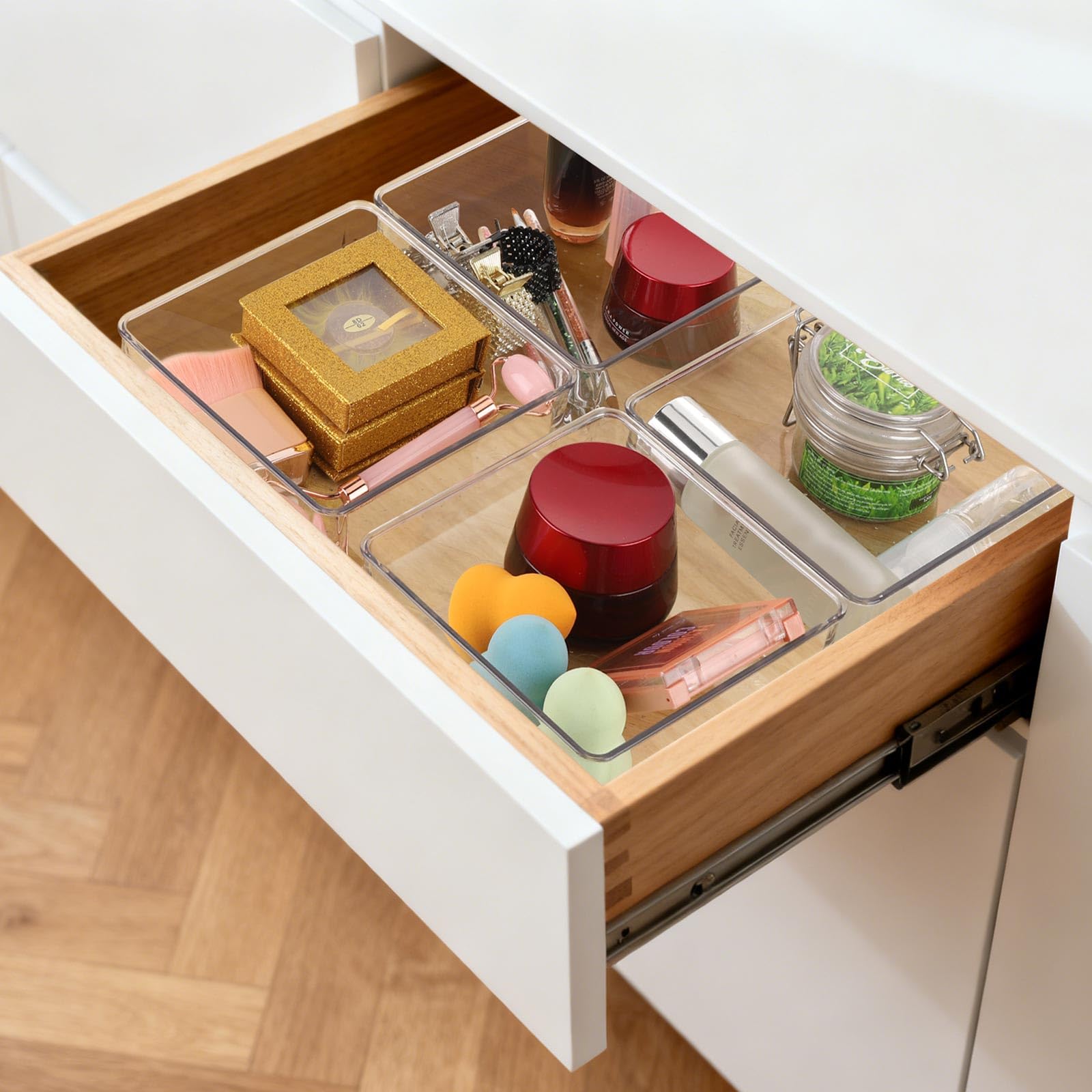 Ohlove 6 Pcs Large Clear Plastic Drawer Organizers Tray 6" x 6" Storage Bins with 25 Pcs Non-Slip