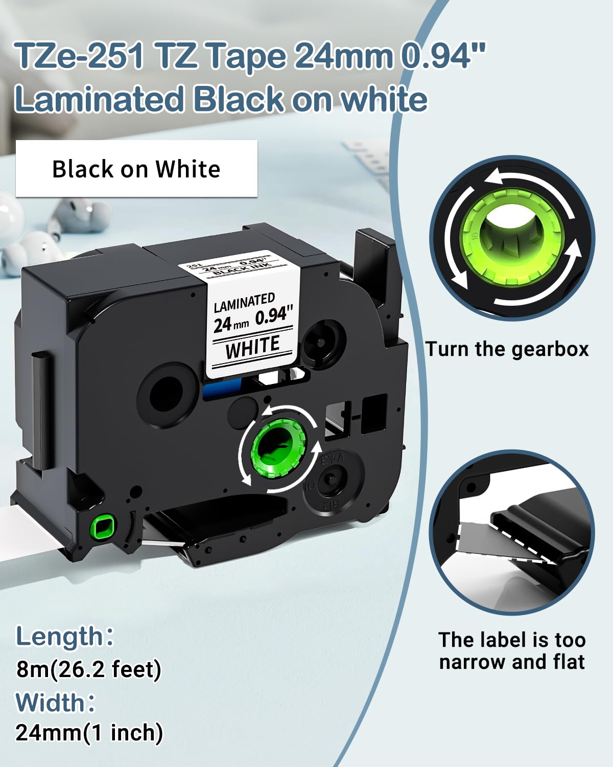 Compatible with TZ Tape 24mm 0.94 Laminated White TZe-251 P-Touch Labels