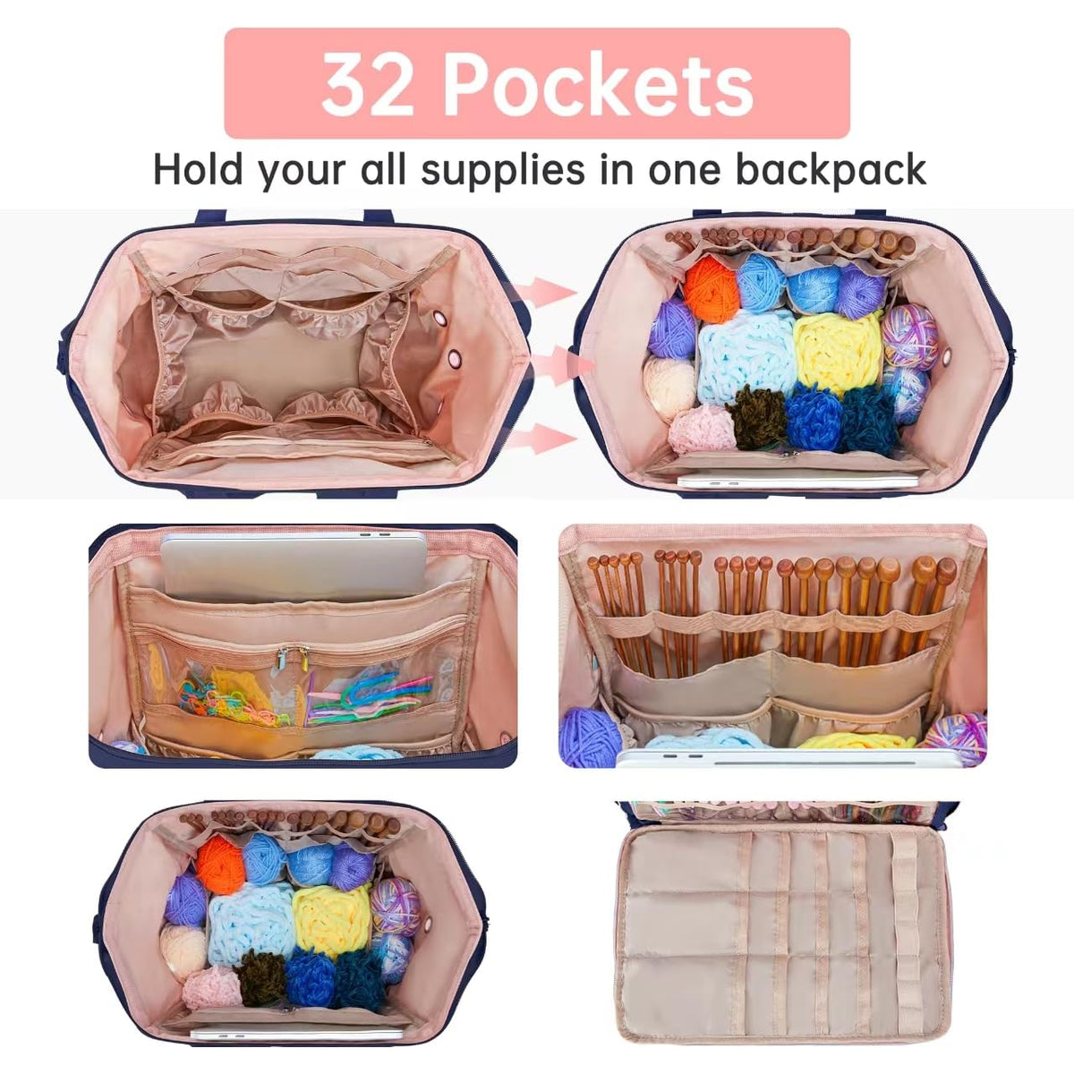 Leudes Crochet Bag Backpack for Yarn Storage Tote Travel Large Knitting Bag