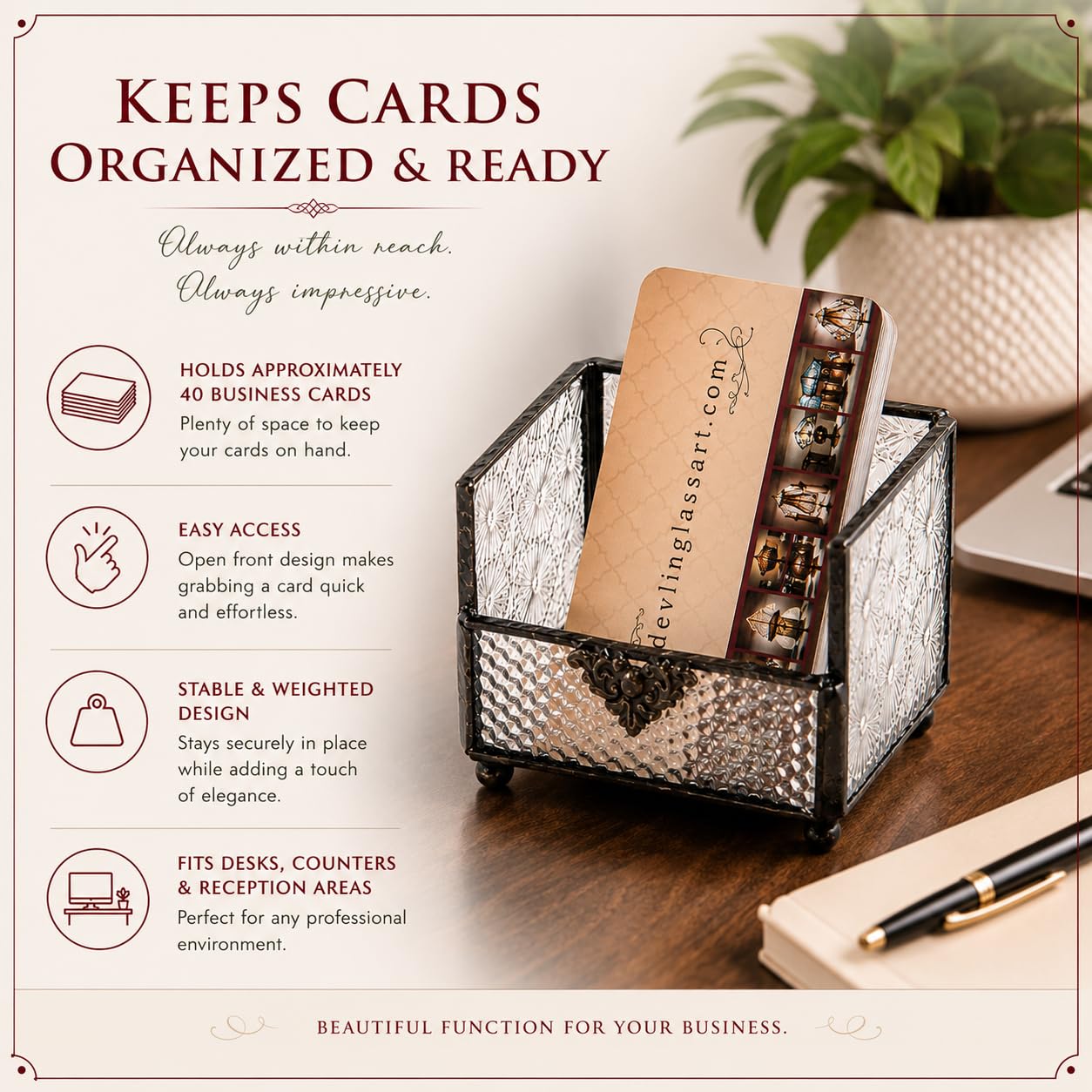 J Devlin Glass Business Card Holder, Decorative Desk Organizer for Office