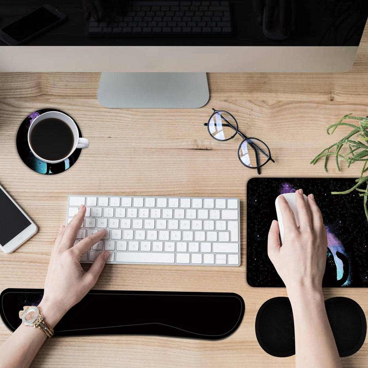 Keyboard Wrist Rest + Mouse Pad + Mouse Wrist Rest Support Set + Coaster, Ergonomic Memory Foam