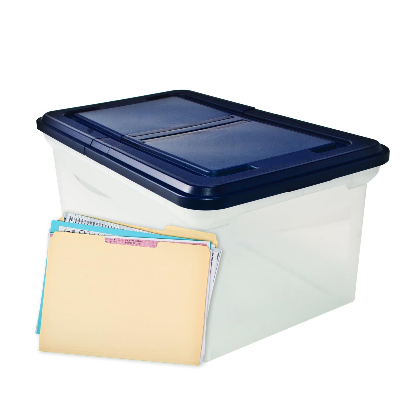 Innovative Storage Designs 55797 File Tote with Hinged Lid, Letter, Plastic, Clear/Navy