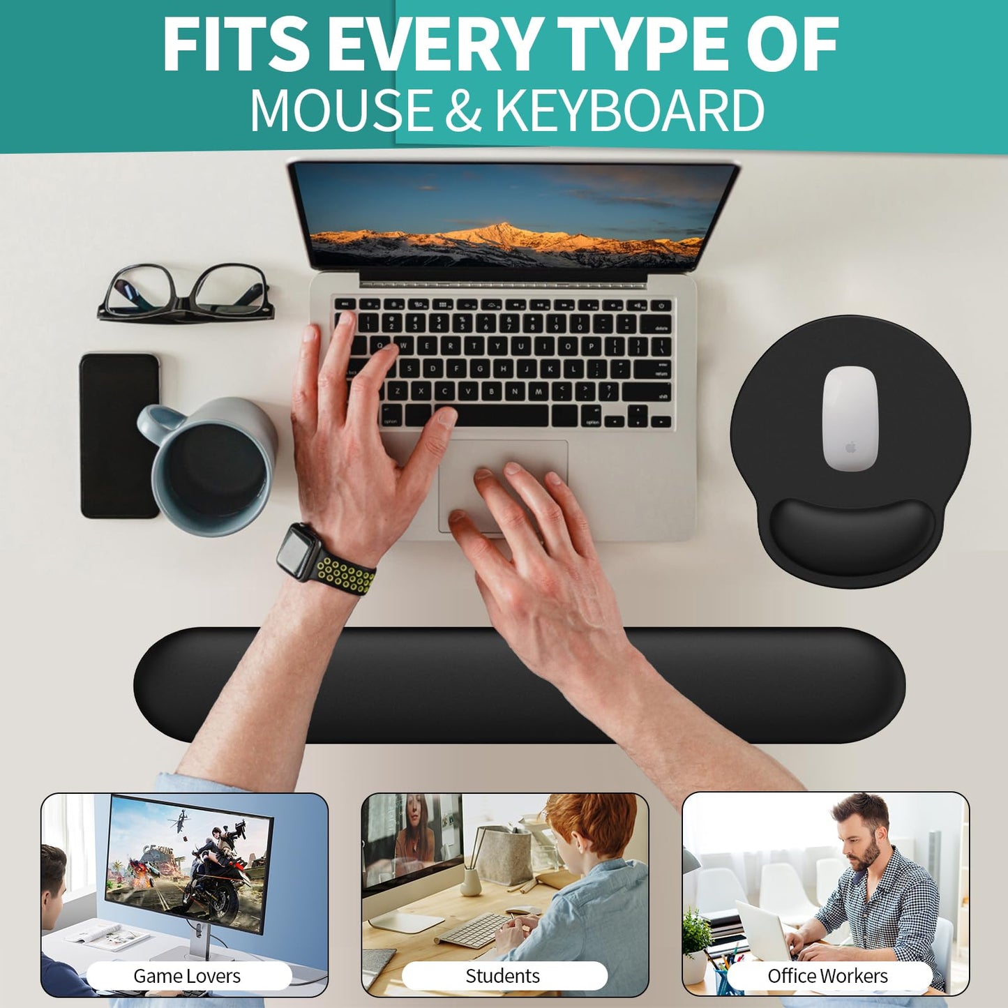 eulps Mouse Pad Wrist Support, Ergonomic Memory Foam Keyboard Wrist Pad & Gel Wrist Rest Set for