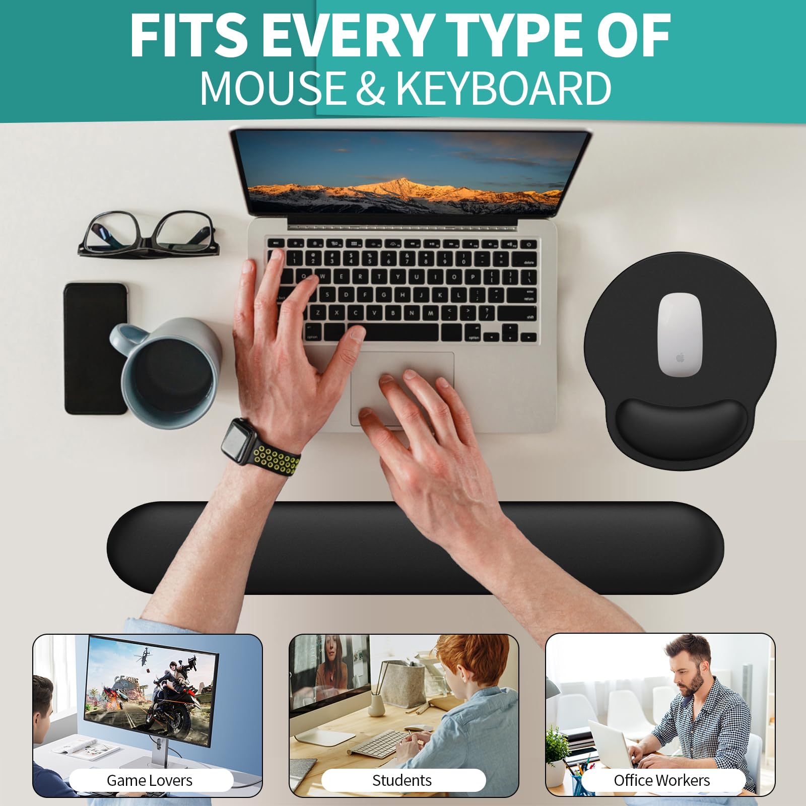 eulps Mouse Pad Wrist Support, Ergonomic Memory Foam Keyboard Wrist Pad & Gel Wrist Rest Set for