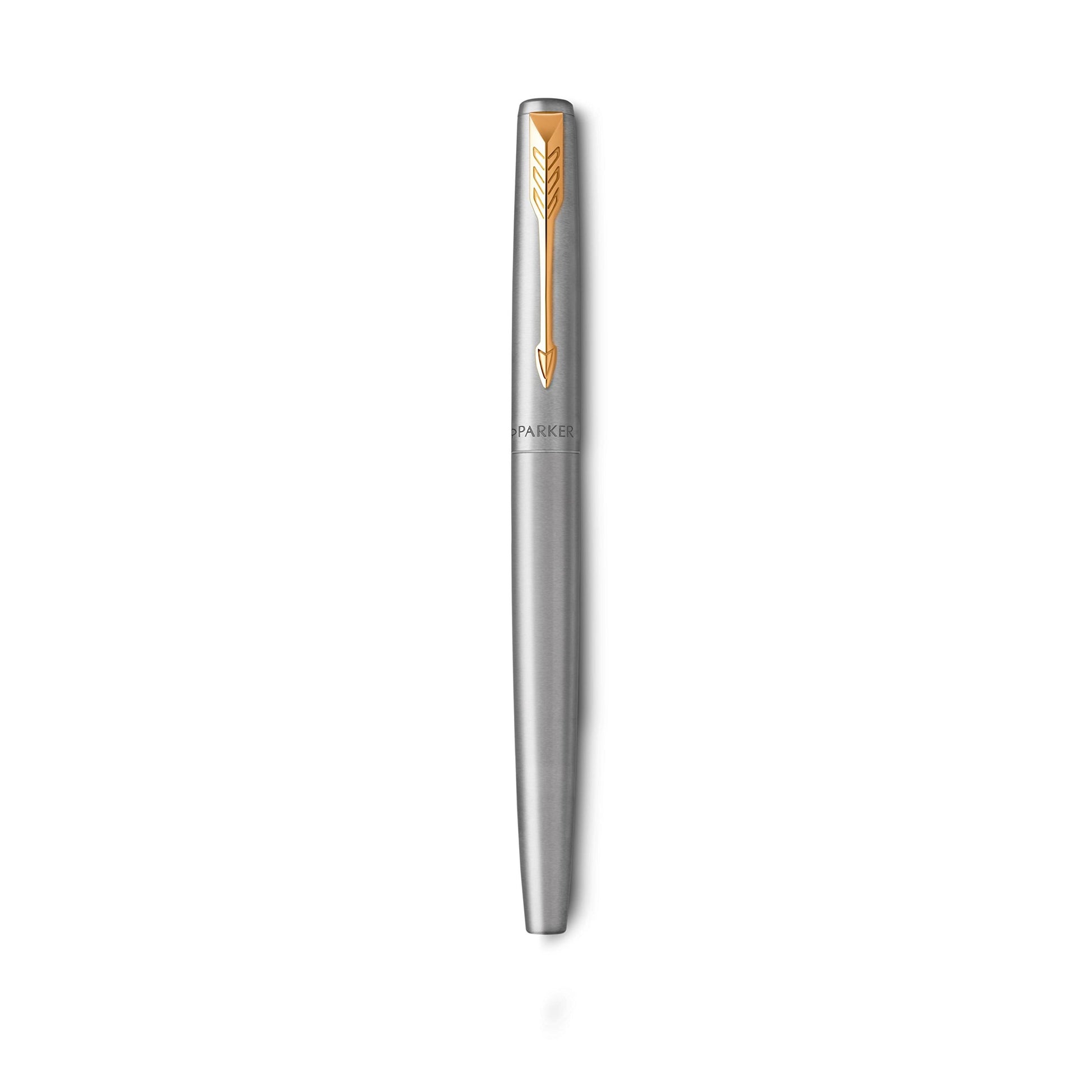 Parker Jotter Fountain Pen, Stainless Steel with Gold Trim, Medium Nib, Blue Ink & Gift Box