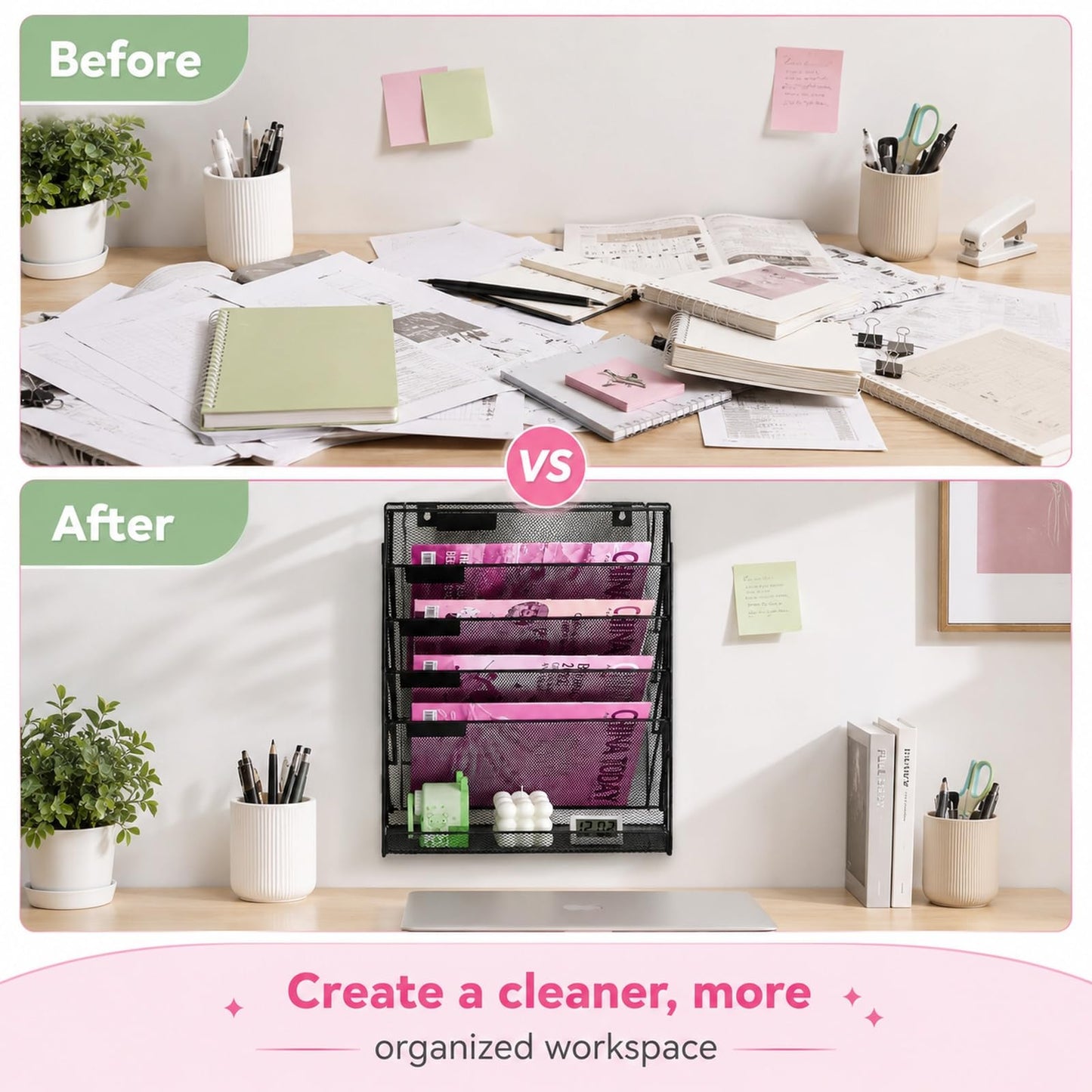 ideallife Mesh Wall File Holder Organizer with Bottom Flat Tray (6 Tier)