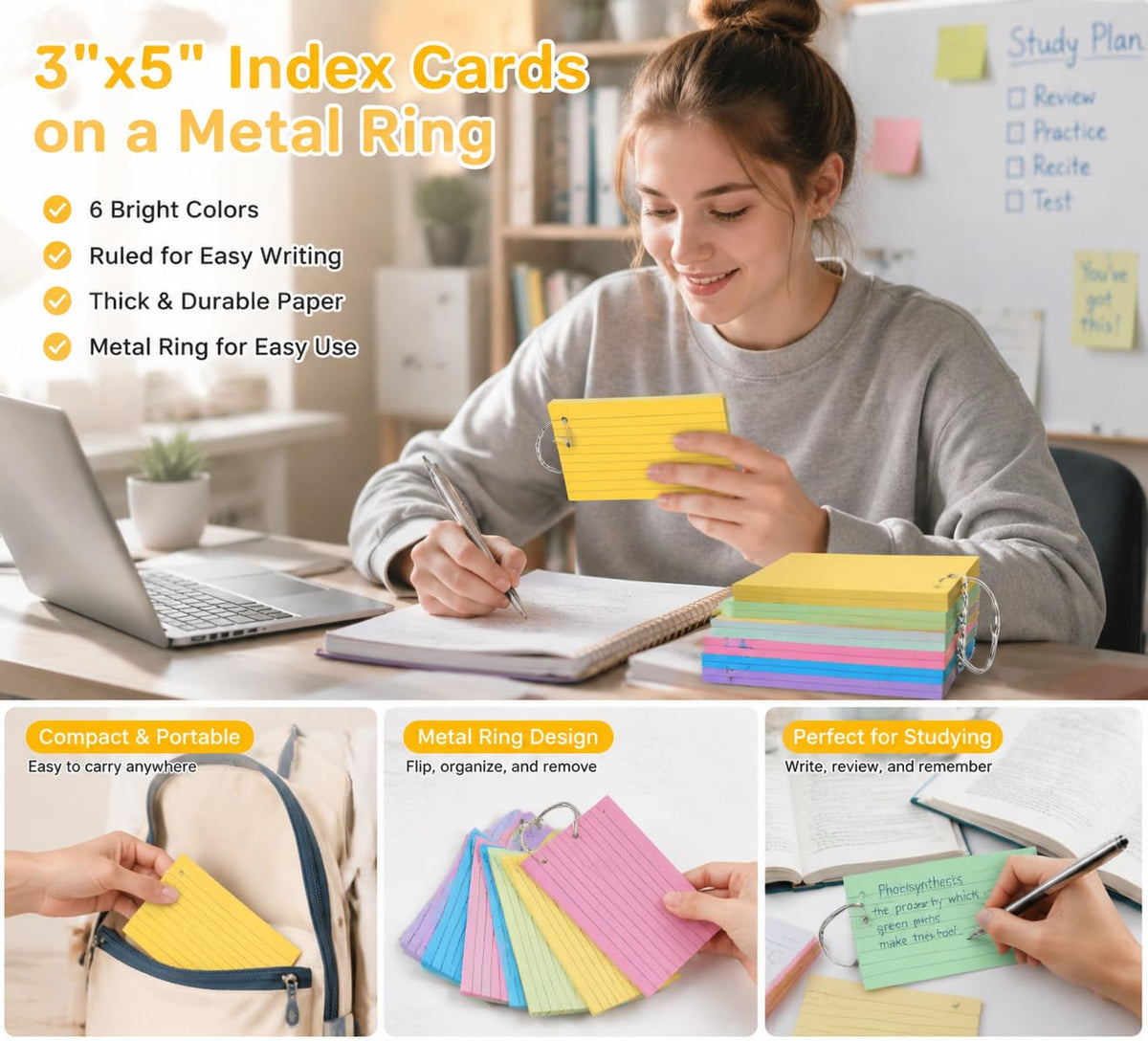 Tecmisse 600 Pieces Index Cards Rulded, Colorful Flash Cards 3 x 5 Index Card with Rings, Heavy