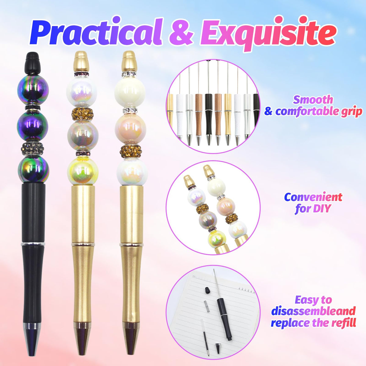 DASTTUIS 150 Pieces DIY Beadable Pens Kit - 50 plastic Beadable Pens Bulk, Refills & pen bags