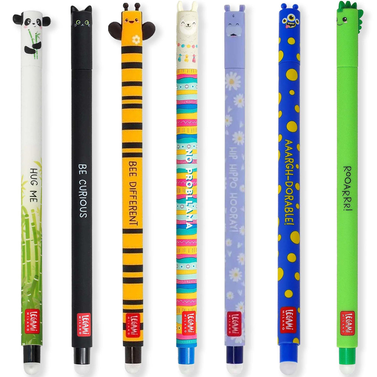 LEGAMI Set of 7 erasable gel pens with thermal sensitive ink, ink color gamut and keg patterns