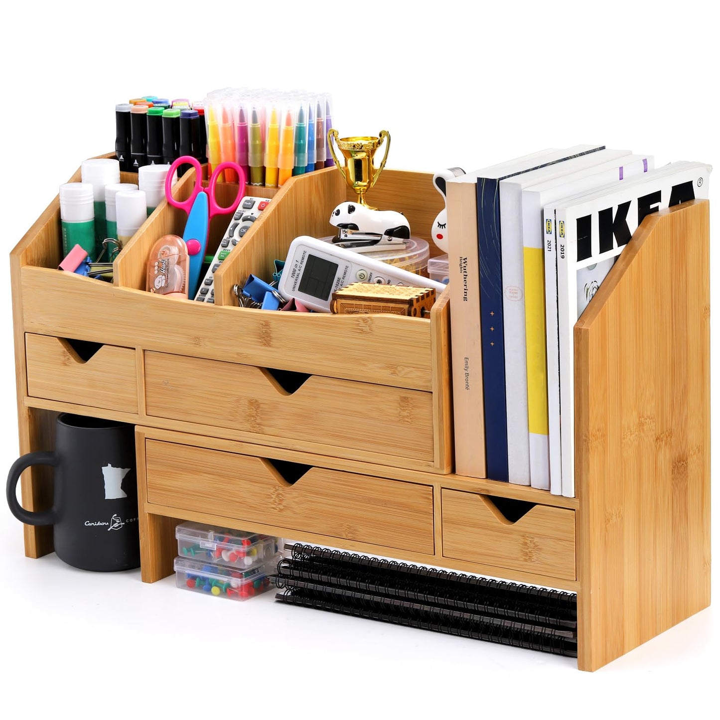 Lawei Bamboo Desk Organizer with Adjustable File Holder, Mini Desk Drawer Tabletop Organization Box