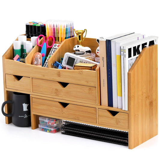 Lawei Bamboo Desk Organizer with Adjustable File Holder, Mini Desk Drawer Tabletop Organization Box