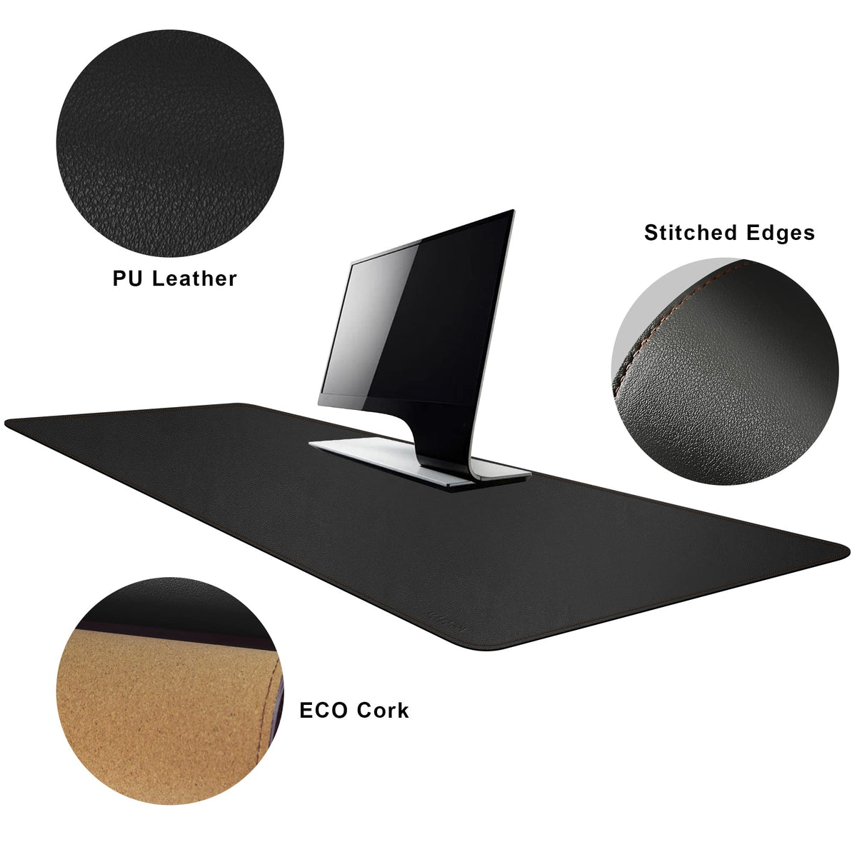 MAIDERN 55” x 24” Cork & Leather Desk Pad, Large XXL Desk Mat (Black)