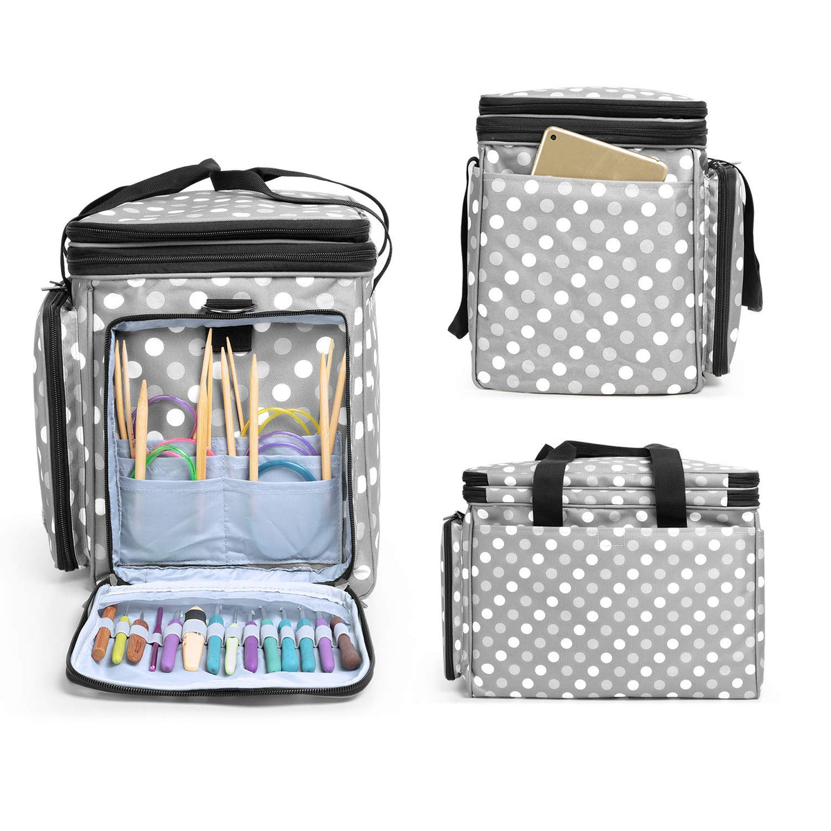 LUXJA Portable Yarn Knitting Storage Tote Bag, Gray Dots