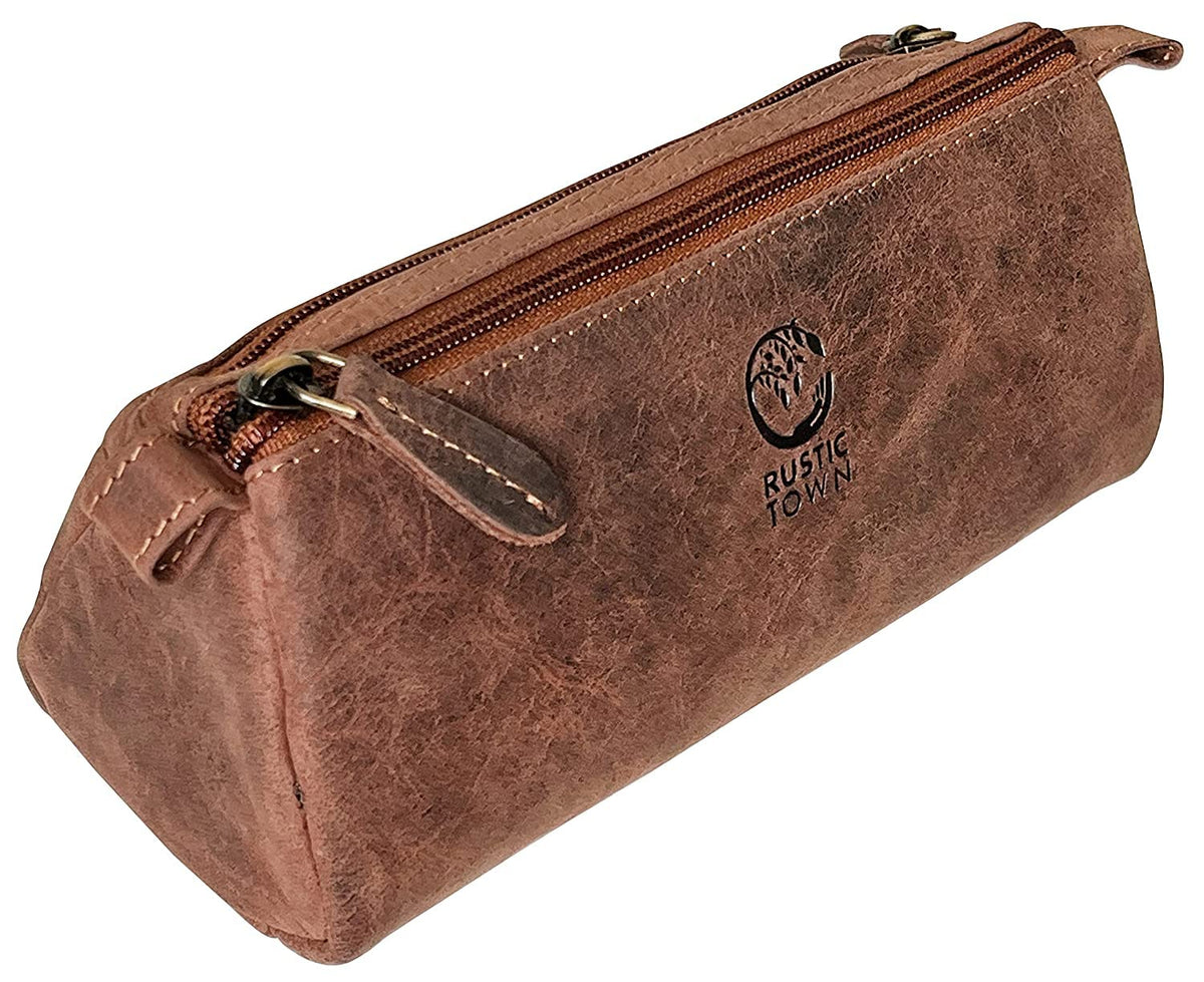 Rustic Town Leather Pencil Case - Vintage Zippered Pencil Pouch & Pen Case for Adults, Artists