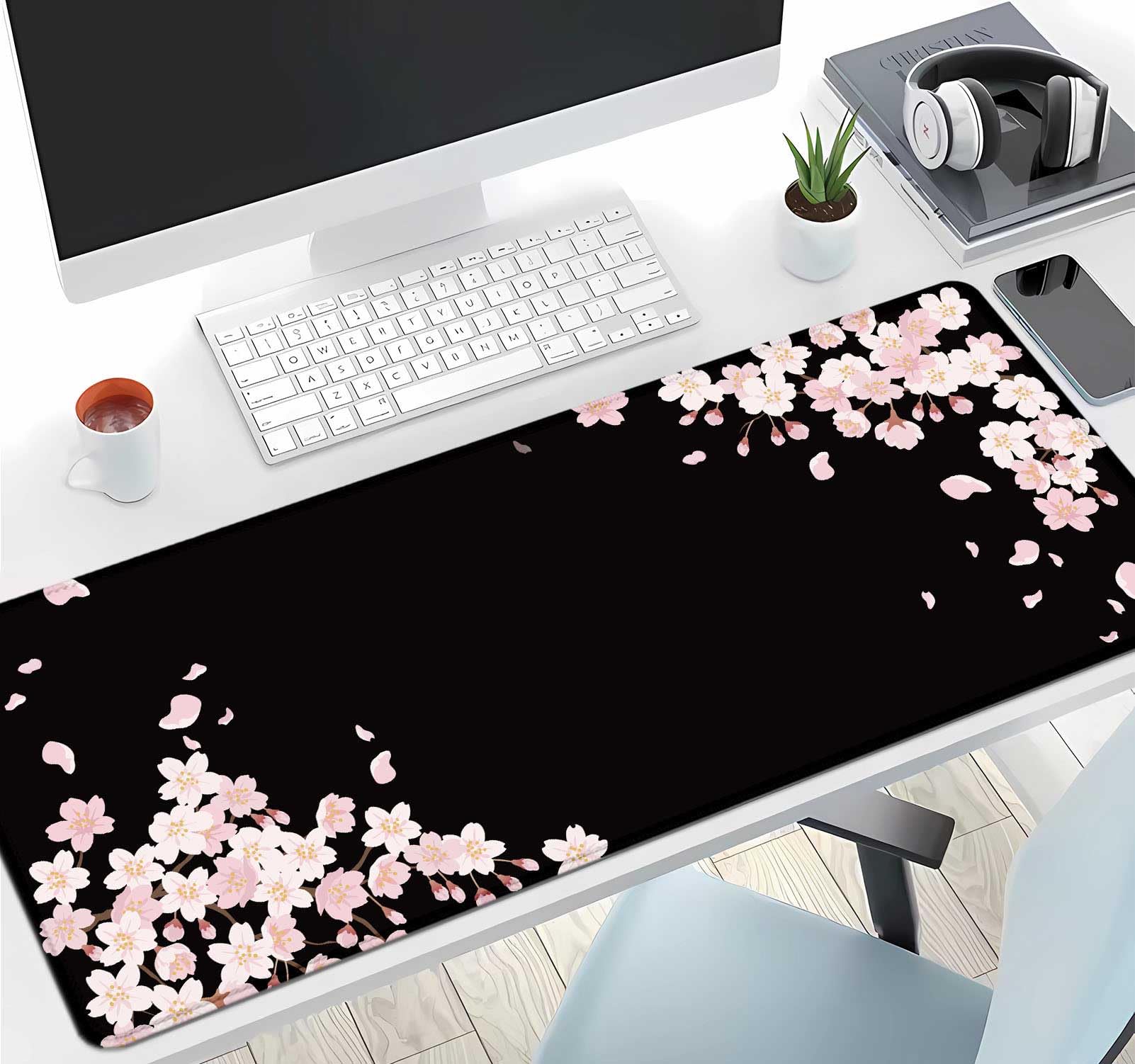 IMAYONDIA Sakura Japanese Desk Mat, Cherry Blossom Large Gaming Mouse Pad, Black Elegant Floral