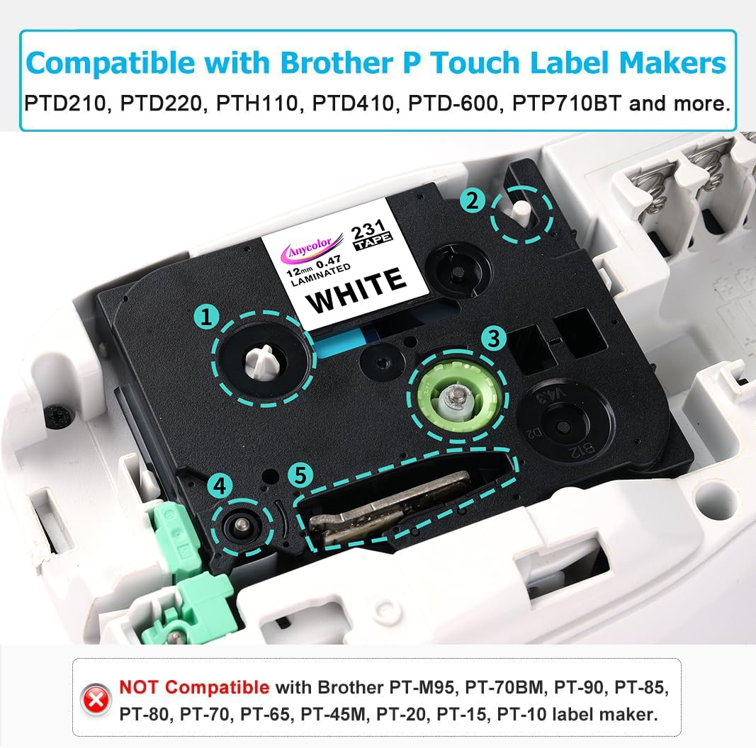 Anycolor 6 Pack Compatible with Brother P Touch 12mm 0.47 Inch Laminated