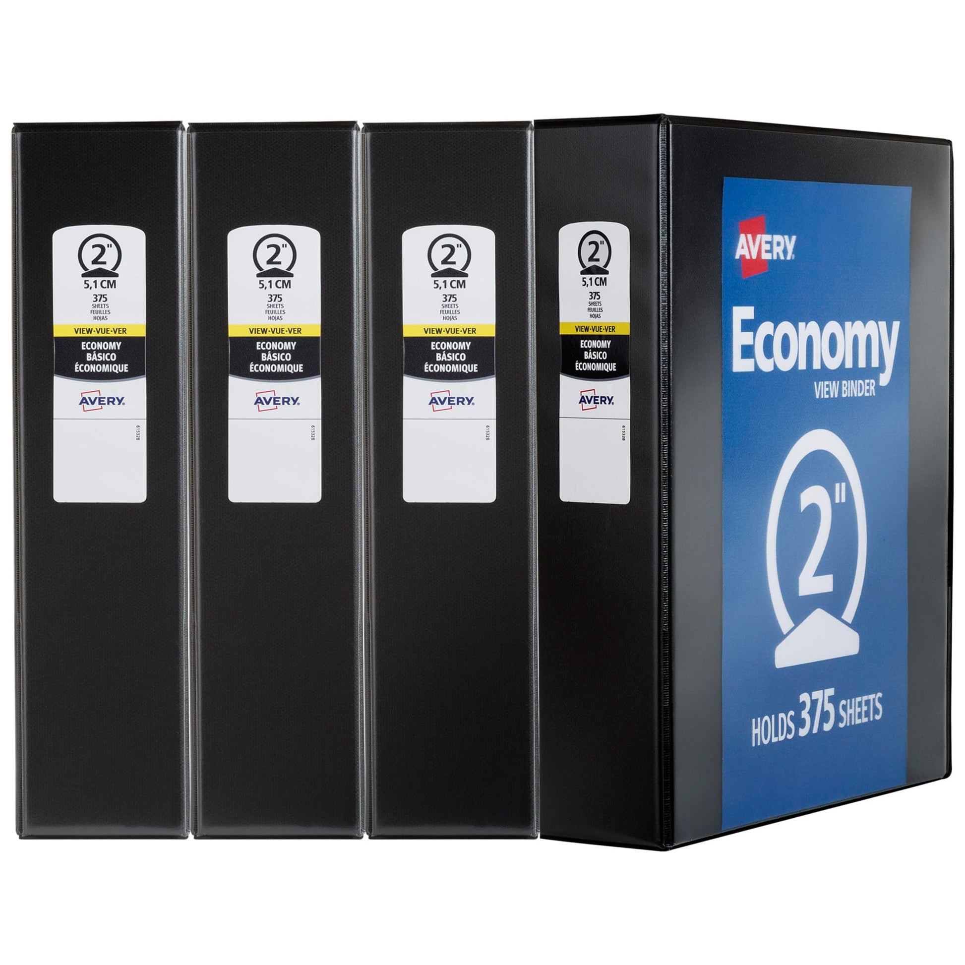 Avery® Standard View 3 Ring Binders, 2" Round Rings, 4 Black Binders
