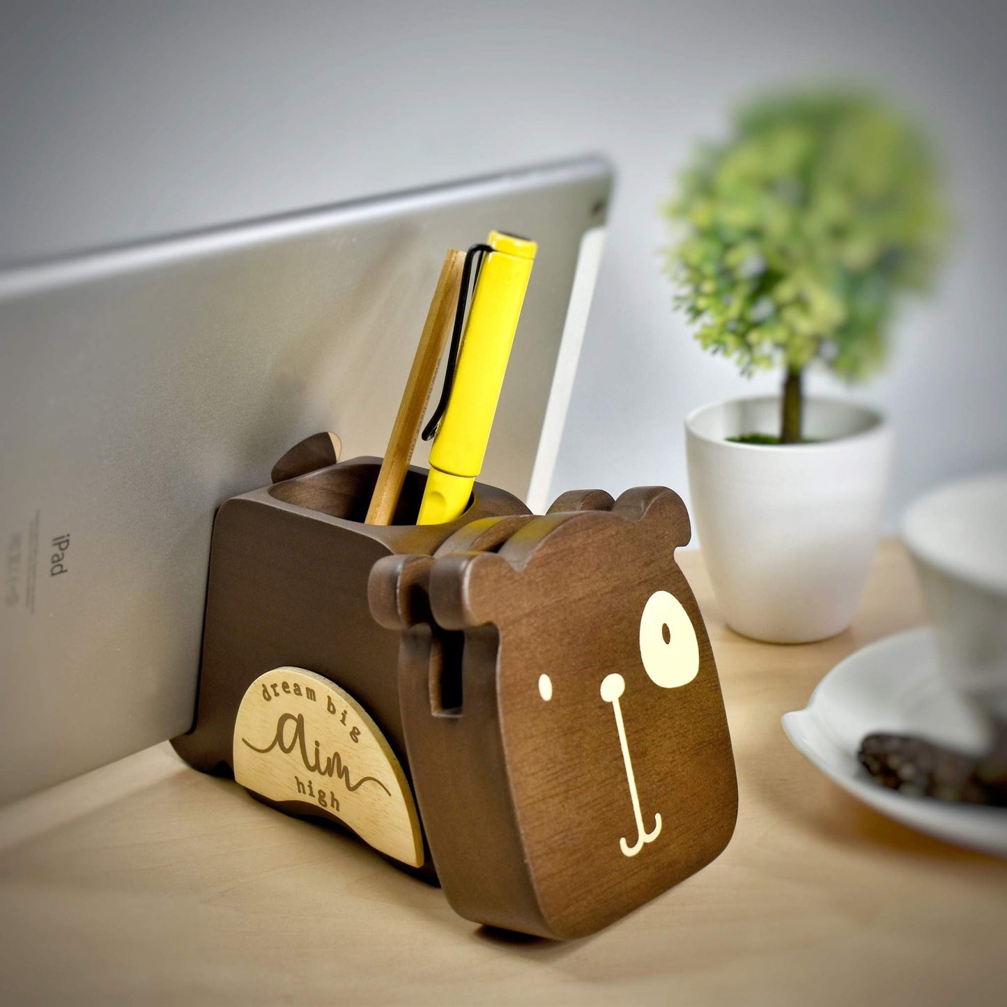 I'm Wood Multipurpose Eyeglass Phone Pen & Pencil Holder Stand Stationery Desk Organizer