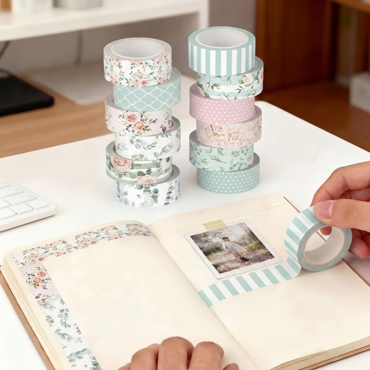 YooNotee 12 Rolls Floral Washi Tape Set,Pink and Green,Spring