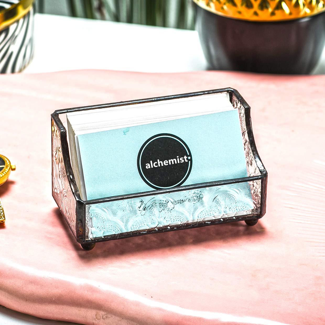 Utopz Retro Stained Glass Business Card Holder, Name Card Display Holder, Mosaic Glass Professional