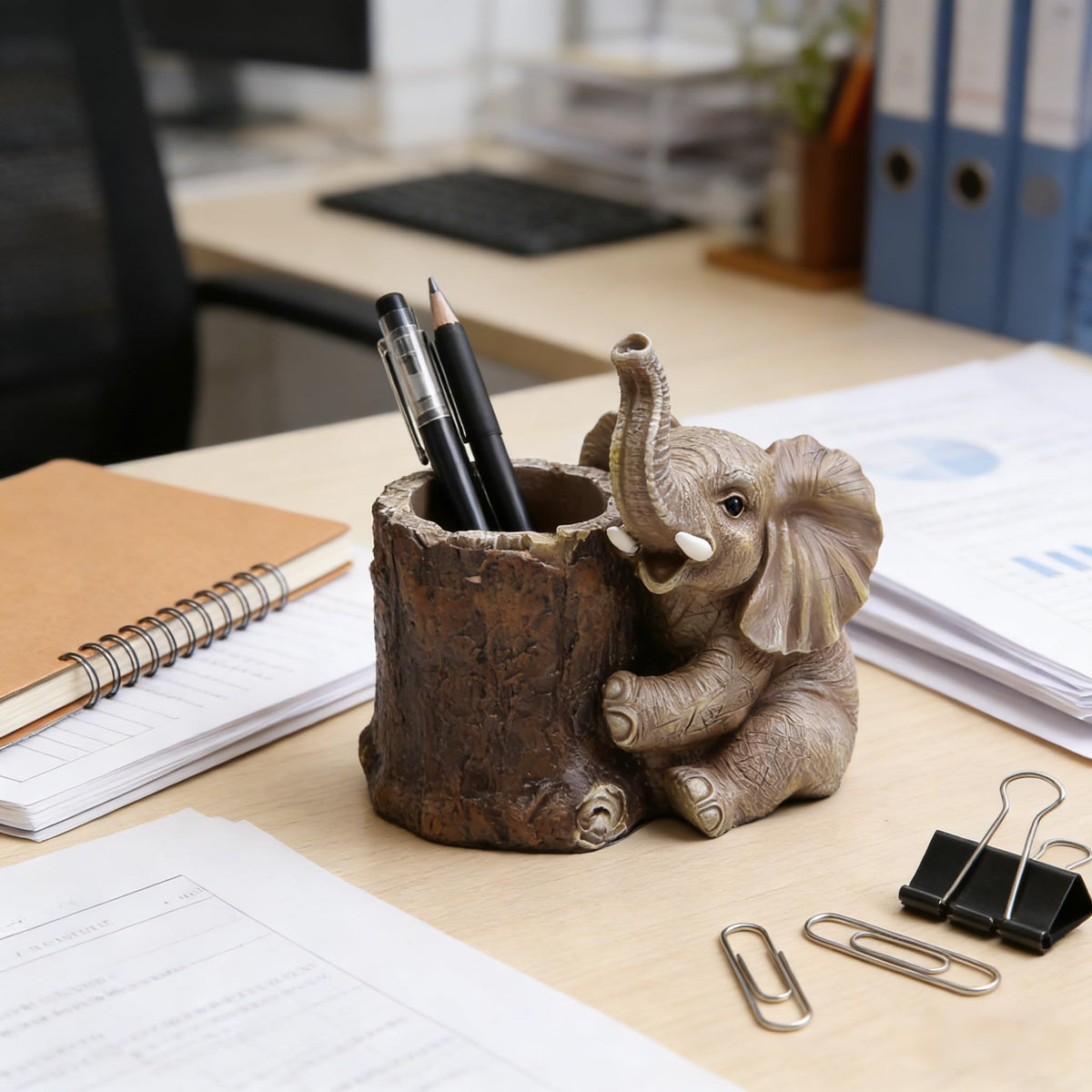 Hodao Resin Elephant Pen Holder, Cute Elephant Desk Organizer, Creative Animal Pen Cup for Office