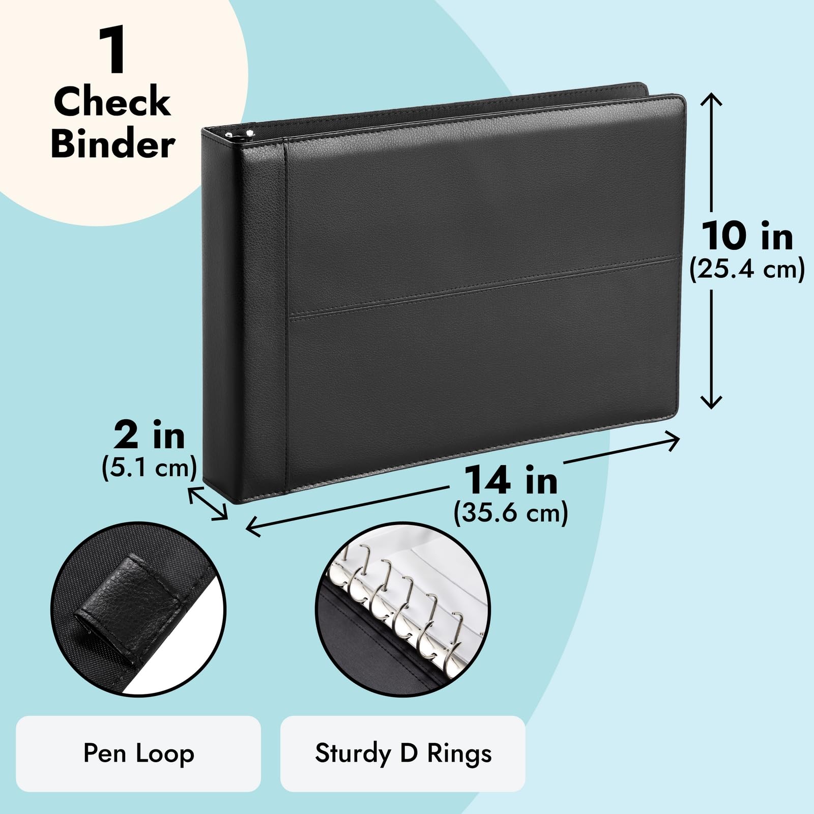 Juvale Check Binder - Black Faux Leather, 7-Ring, 14 x 10 in, Fits 600 Checks - Business Checkbook
