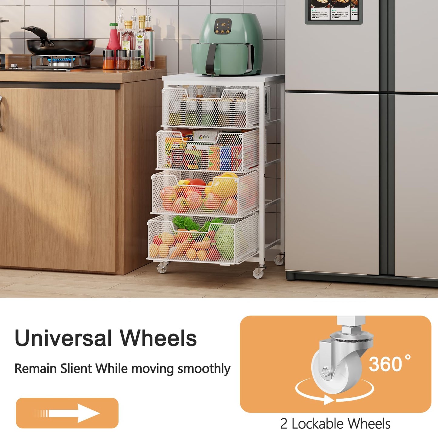 4-Tier Kitchen Storage Cart - Fruit Vegetable Storage Cart with Drawers, Wooden Top Metal Wire