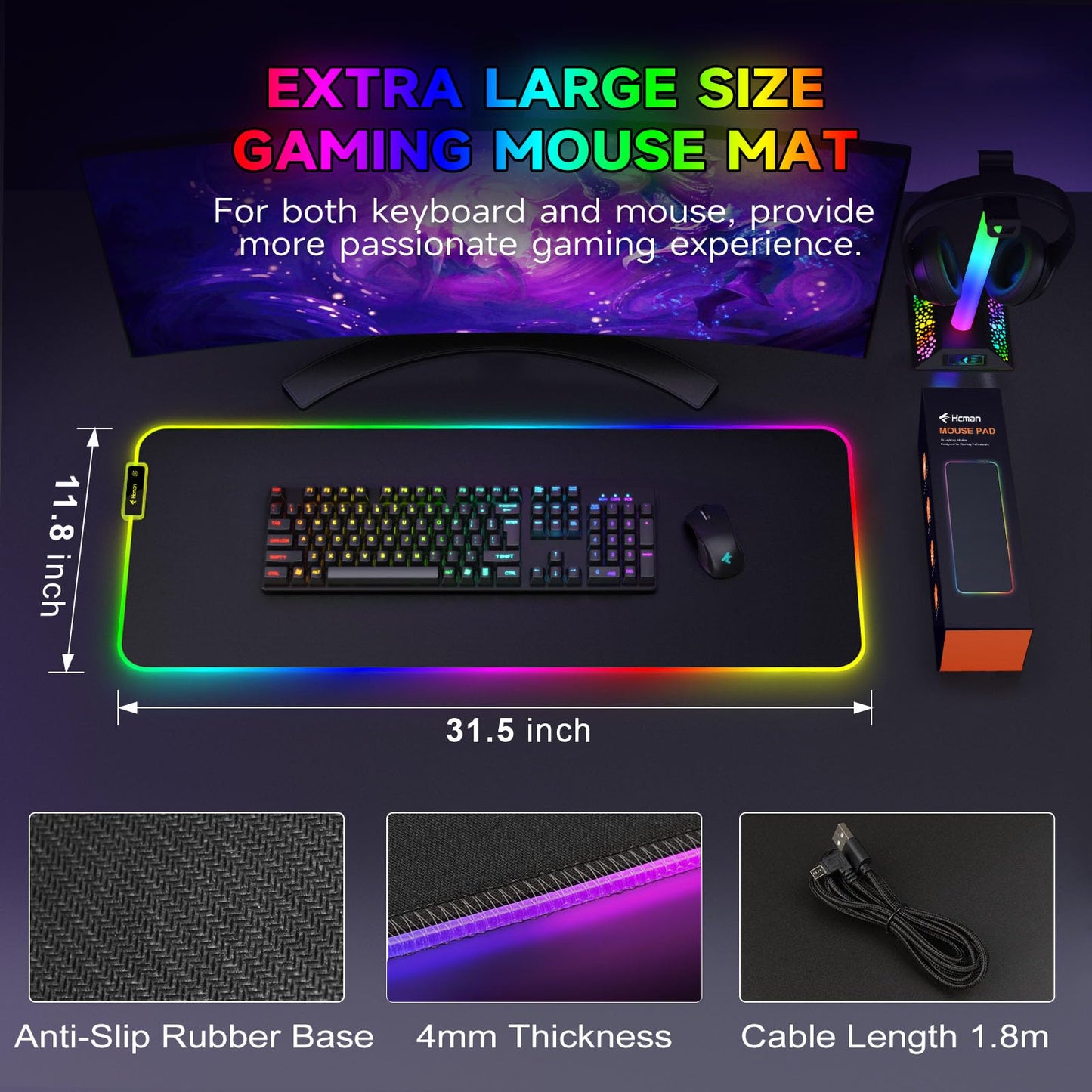 Hcman RGB Gaming Mouse Pad, Large Mousepad with Led Light, PC Gaming Accessories Black Keyboard Pad