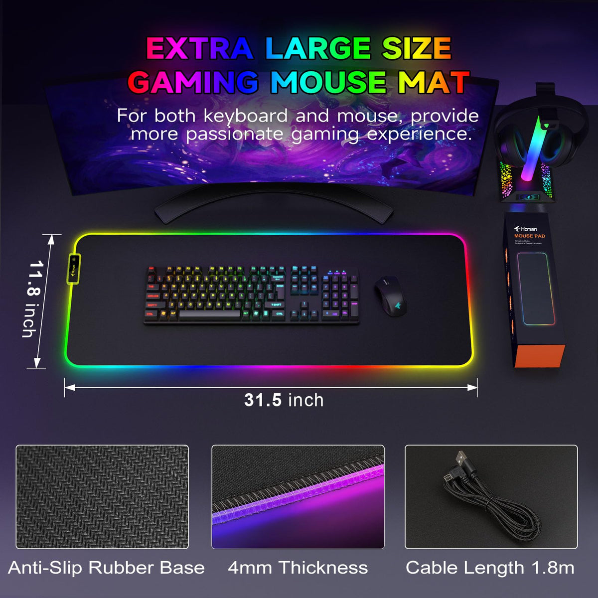 Hcman RGB Gaming Mouse Pad, Large Mousepad with Led Light, PC Gaming Accessories Black Keyboard Pad