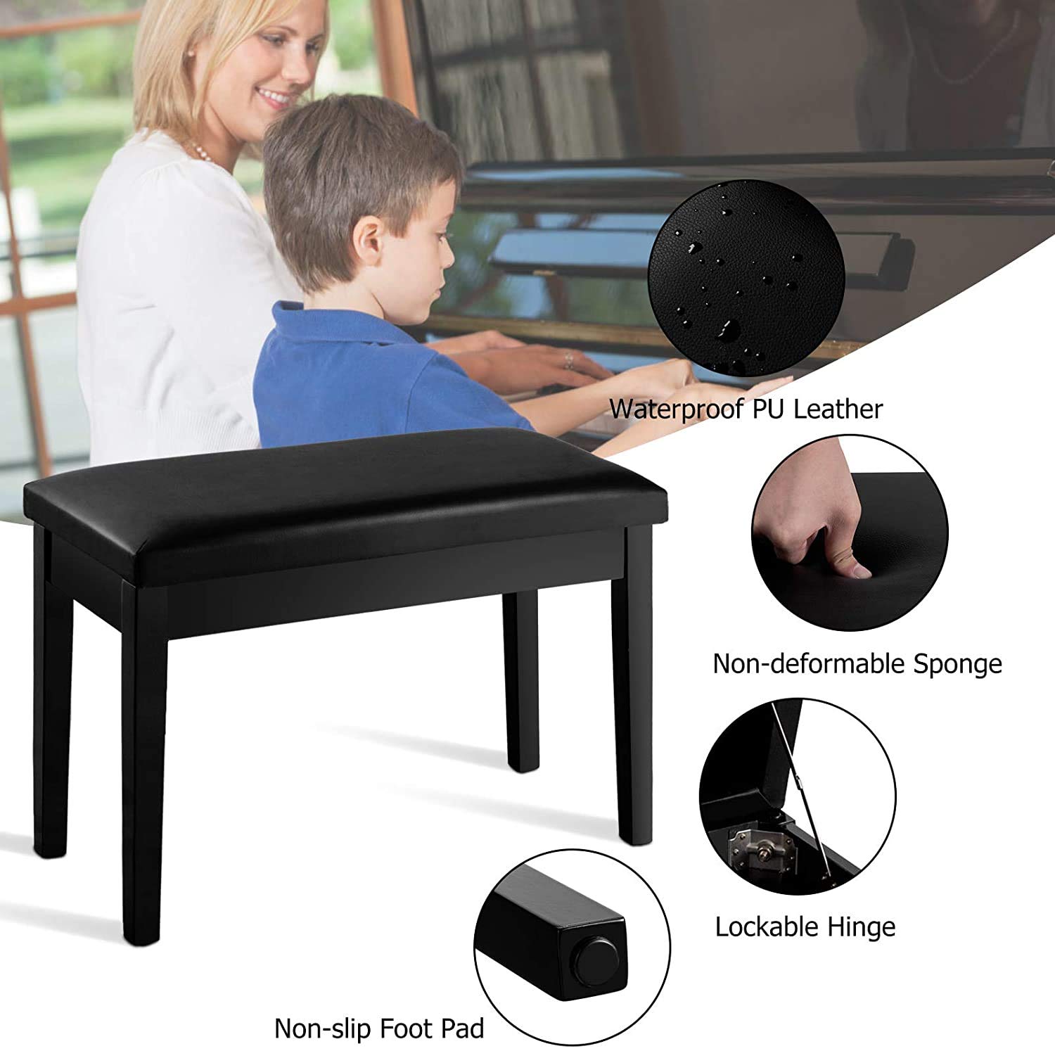 GOFLAME Duet Piano Bench, Black, PU Leather, Solid Wood Construction, Hidden Music Storage, 360 lbs