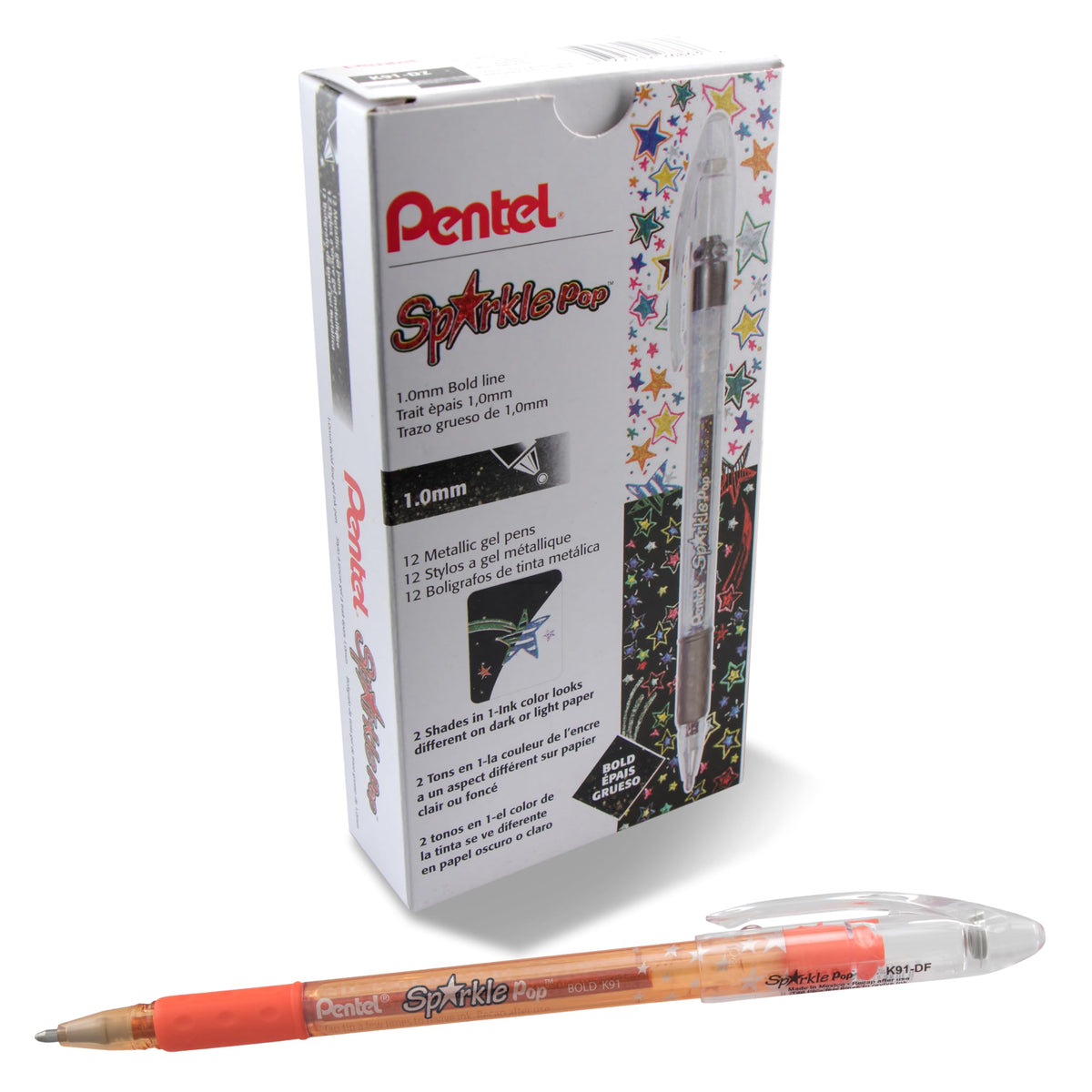 Pentel Sparkle Pop Metallic Gel Pen, (1.0mm) Bold Line, Orange/Yellow, Box of 12 Pens (K91-DF)