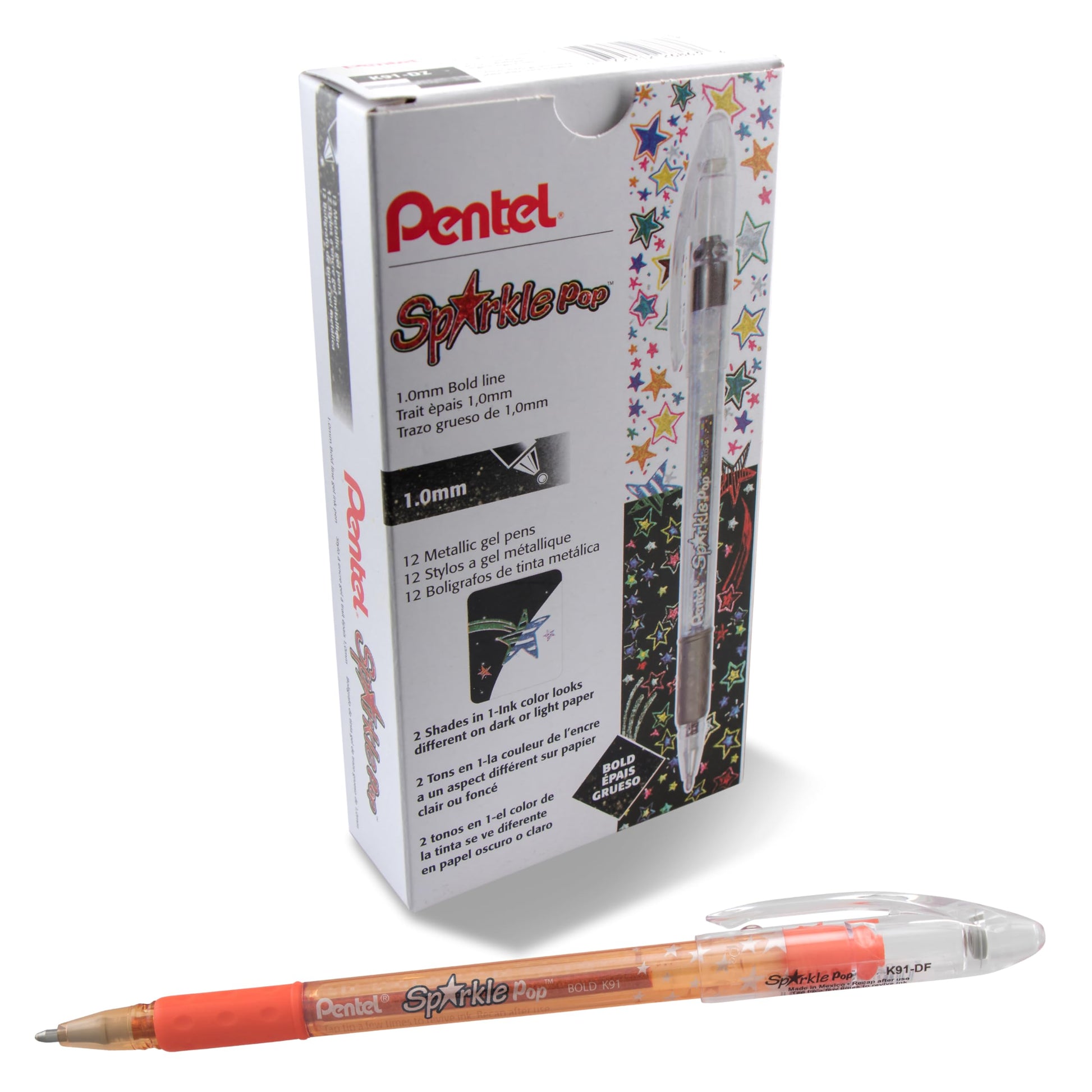Pentel Sparkle Pop Metallic Gel Pen, (1.0mm) Bold Line, Orange/Yellow, Box of 12 Pens (K91-DF)