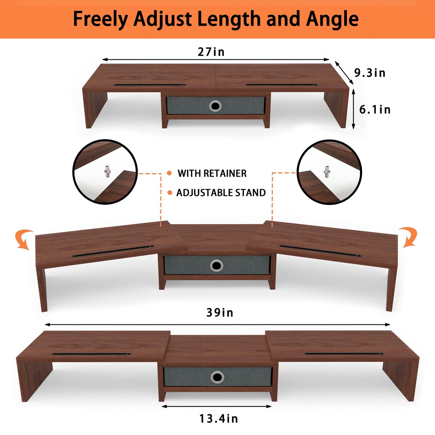 WESTREE Dual Monitor Stand Riser with Drawer - Adjustable Length and Angle, 2 Phone Hold, Desktop