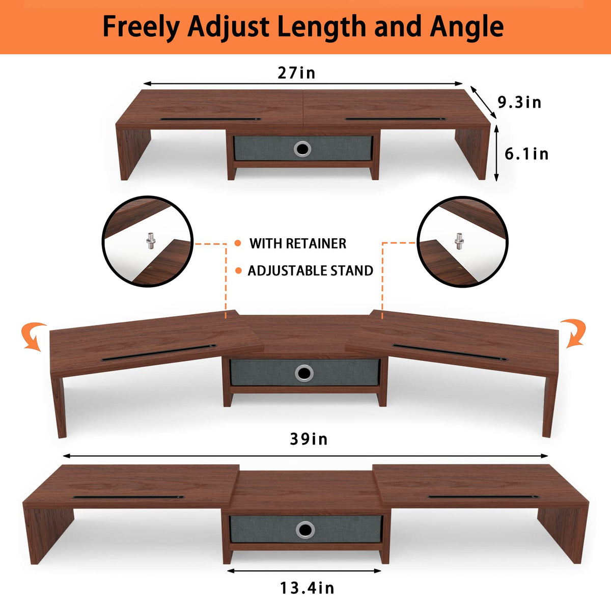 WESTREE Dual Monitor Stand Riser with Drawer - Adjustable Length and Angle, 2 Phone Hold, Desktop