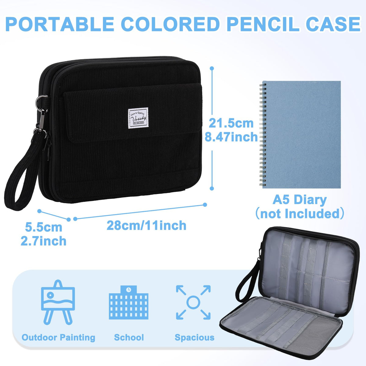 VASCHY Colored Pencil Case, Corduroy Large Pencil Pouch for Art Pens Markers Gel Pens Big Holder