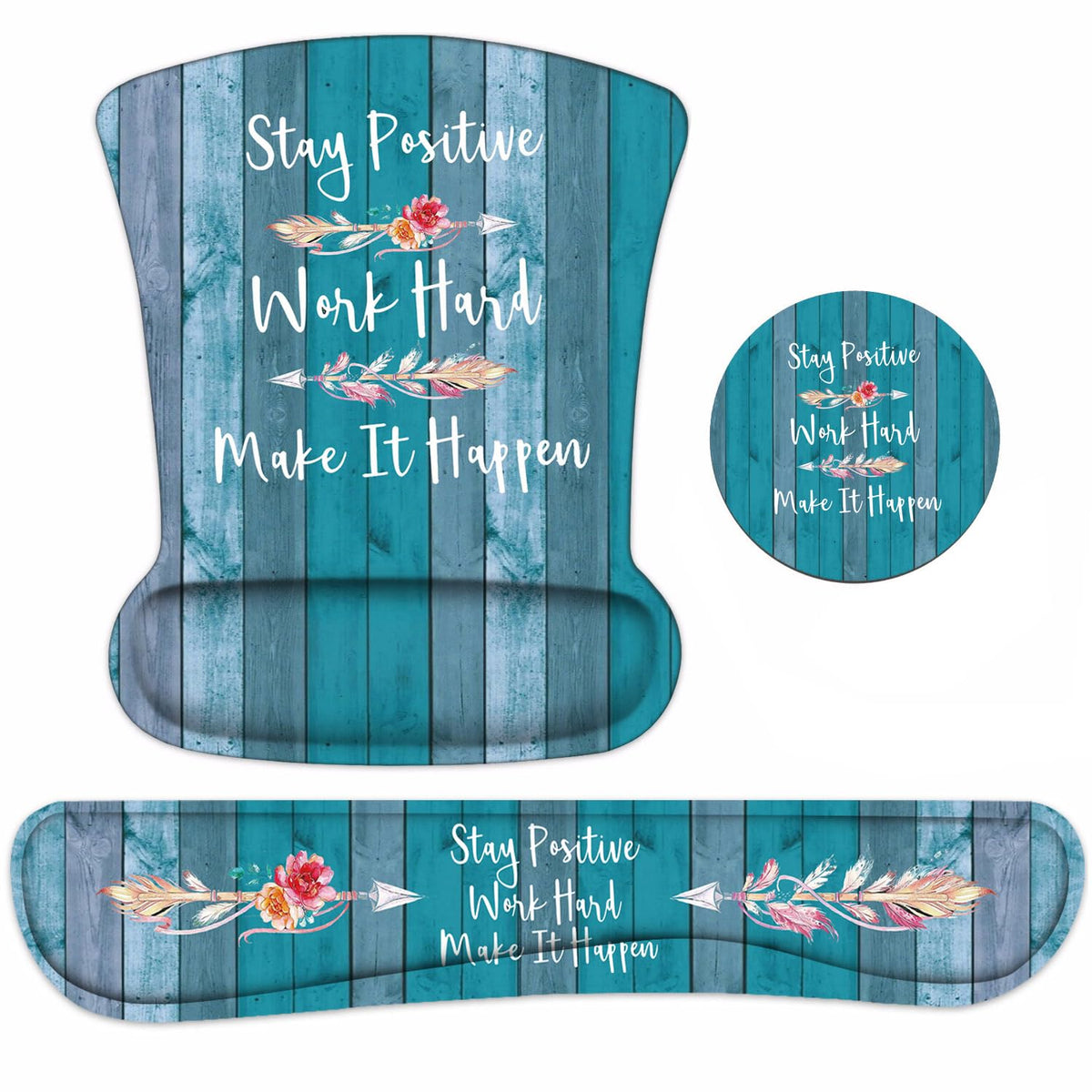 Keyboard Wrist Rest and Mouse Pad Wrist Support Set with Coasters, Stay Positive Work Hard and Make