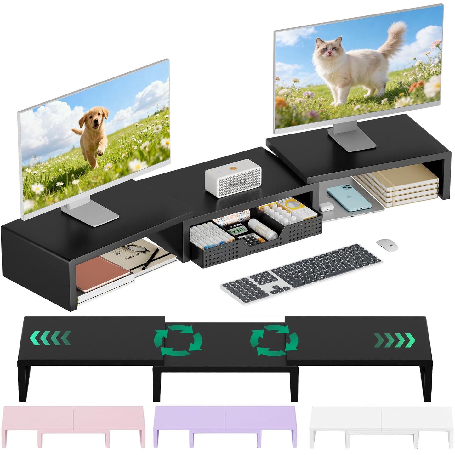OPNICE Dual Computer Monitor Stand Riser, Desk Organizer with Drawer, Office Desk Accessories &