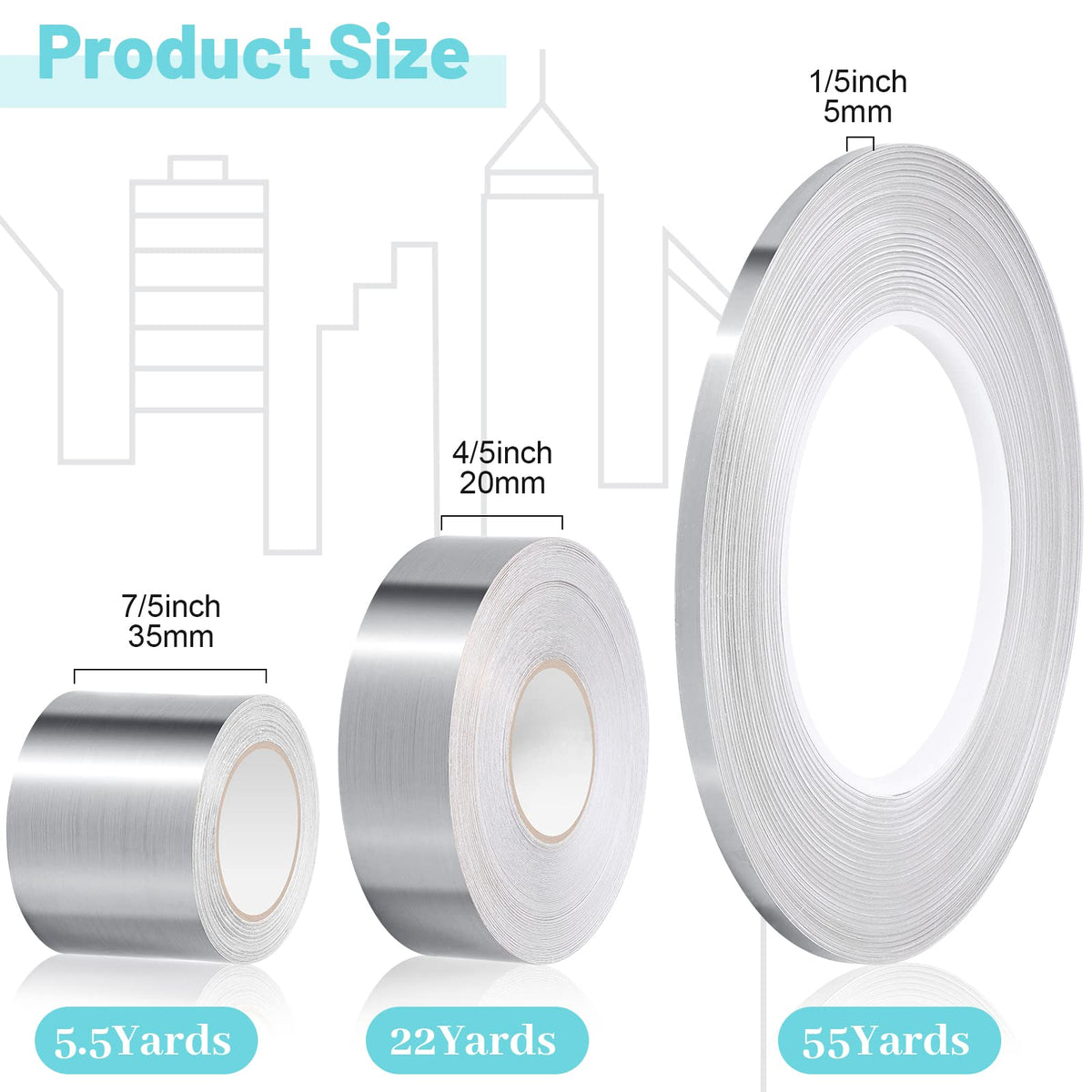 Zonon Silver Washi Tape for Wall Decor Self Adhesive 5/20/35mm