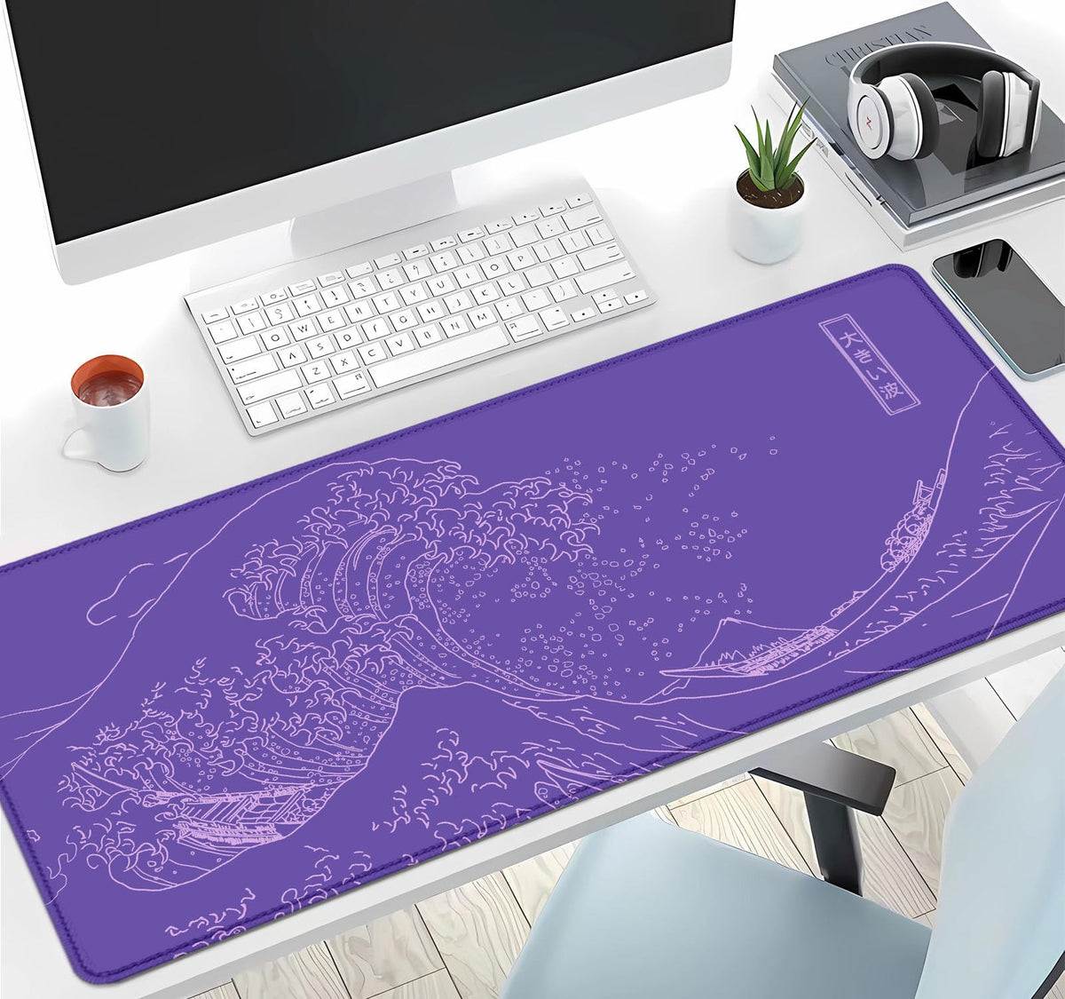 IMAYONDIA Great Wave Large Gaming Mouse Pad, Purple Minimalist Japanese Desk Mat, Gamer Aesthetic