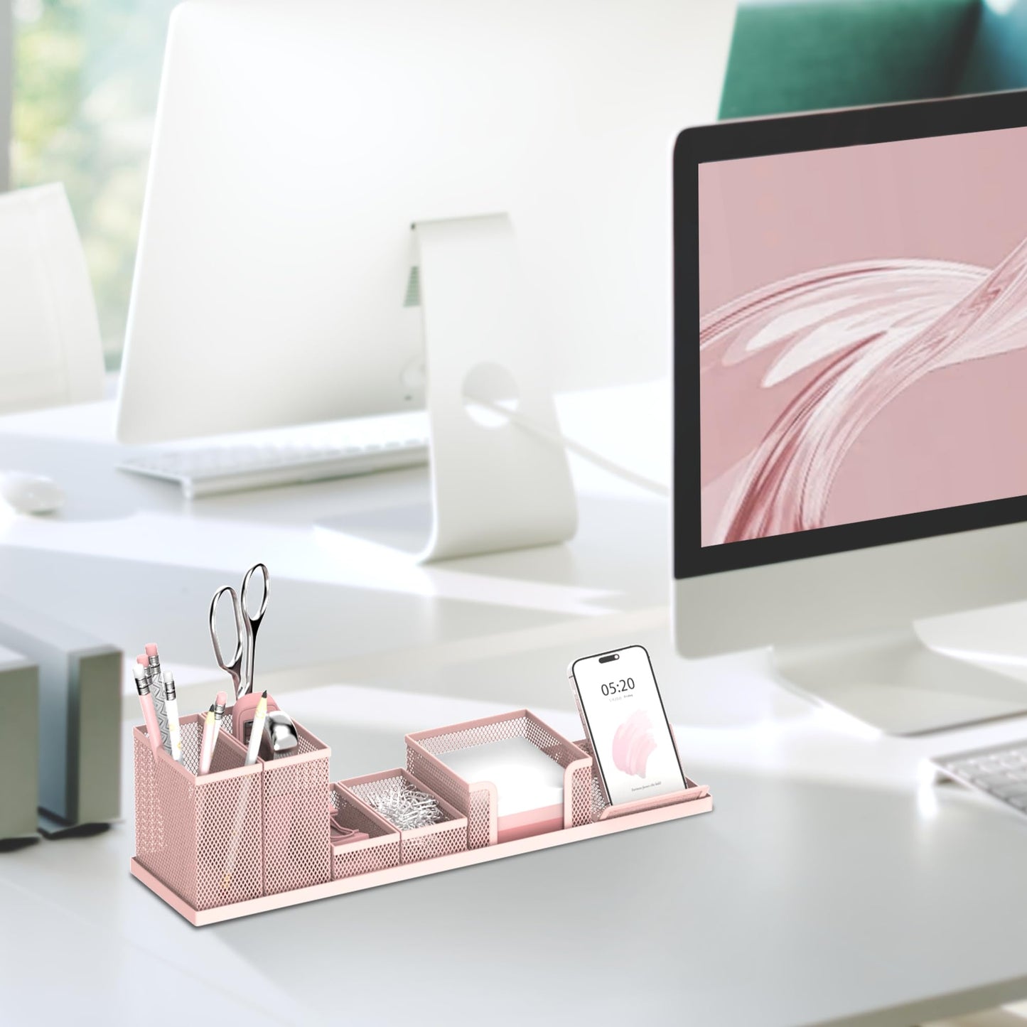 Pen Holder for Desk, 6-Piece Mesh Desk Organizer with Phone Holder, Pink