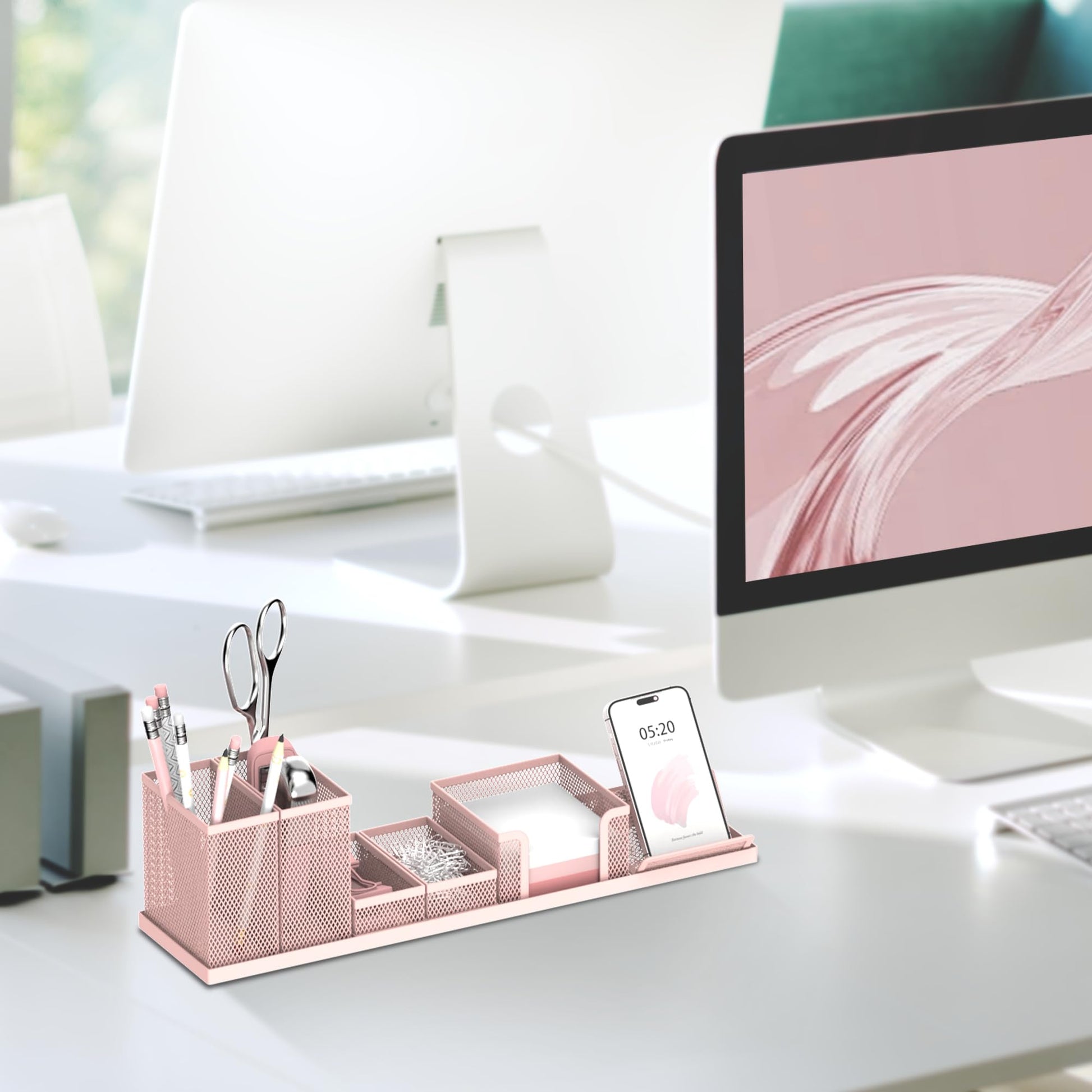 Pen Holder for Desk, 6-Piece Mesh Desk Organizer with Phone Holder, Pink