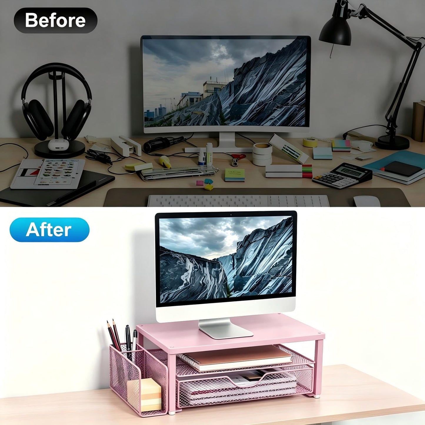 Spacrea Desk Organizers and Accessories, Printer Stand with Storage, Pink