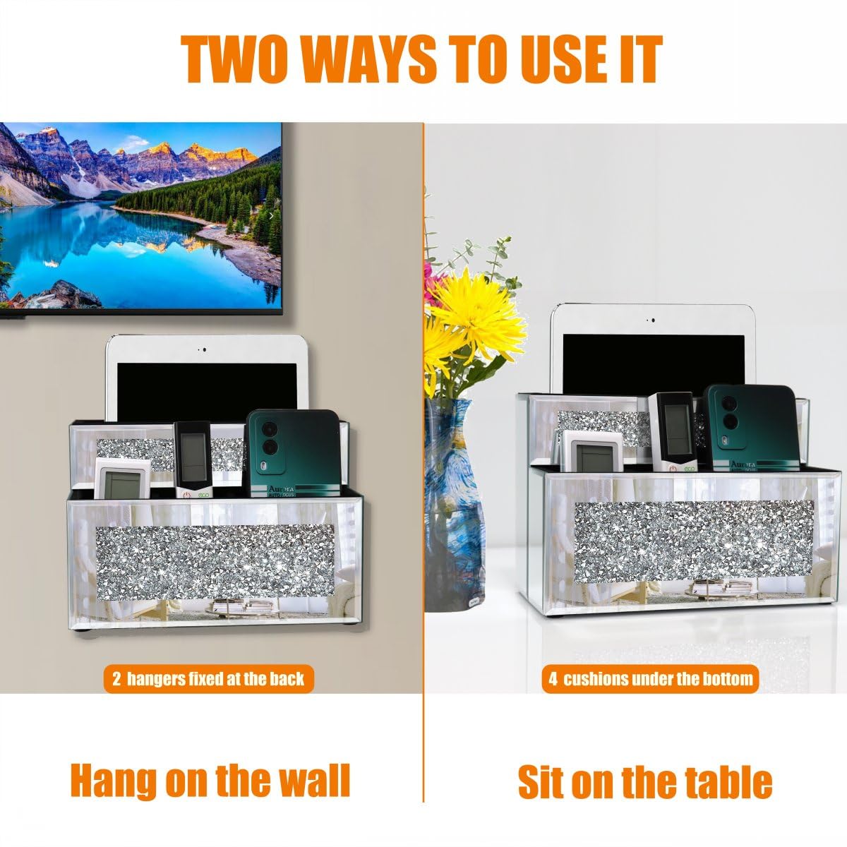 GOTHICO Mirrored Remote Holder, Wall or Tabletop Mounted Crush Diamond Bling Decoration Organizer