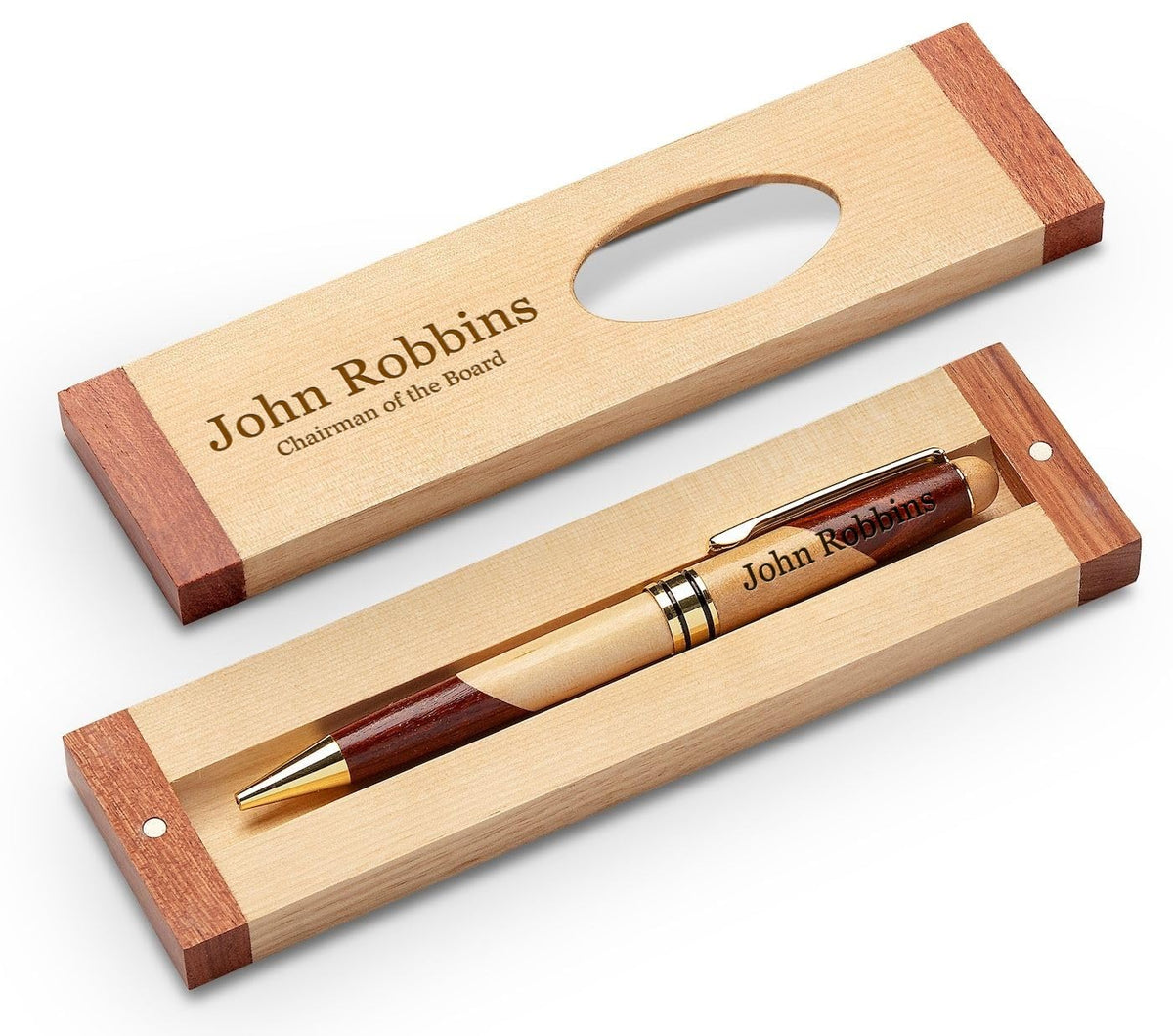 Executive Gift Shoppe | Personalized Custom Wood Pen Set with Maple and Rosewood Finish Box